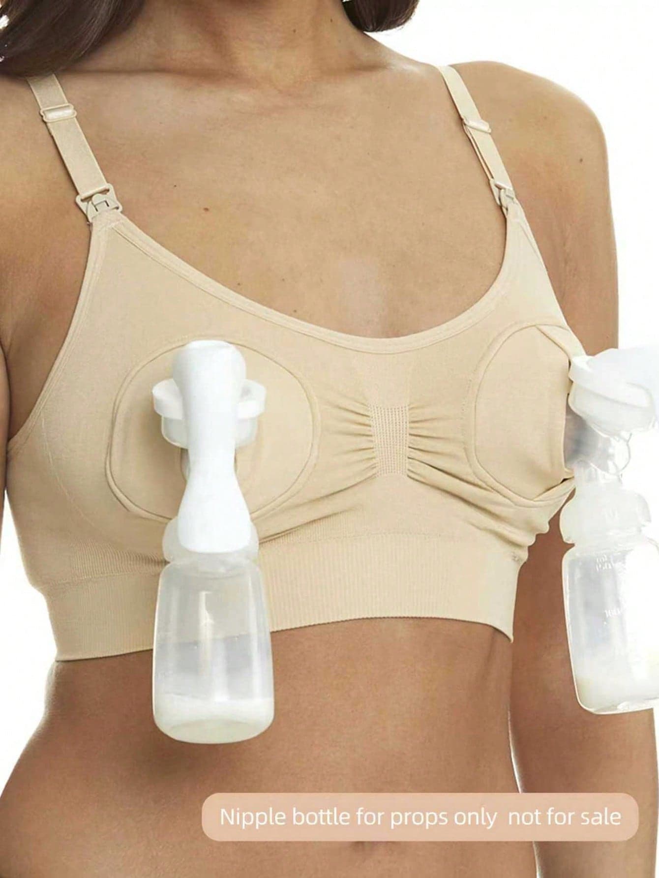 Hands-Free Maternity Nursing Bra With Breast Pump, Front-Clasp Nursing Bra (Bottle Is A Prop, Not For )