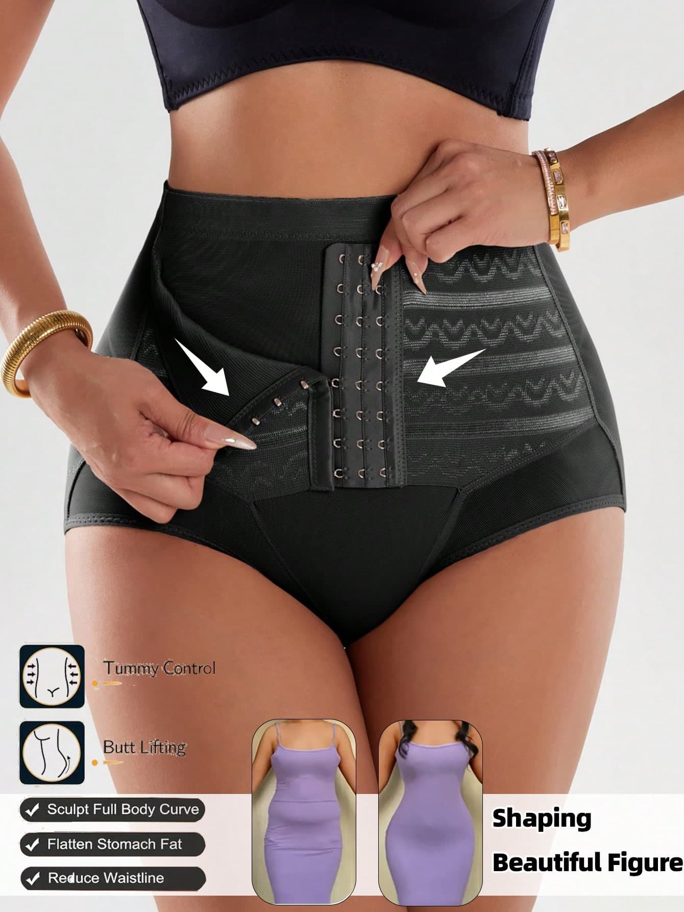 Women's High Waisted Shaping Briefs Front Hook Closure Striped Mesh Butt Lifting Tummy Control Compression Underwear Shapewear Comfortable Daily Wear