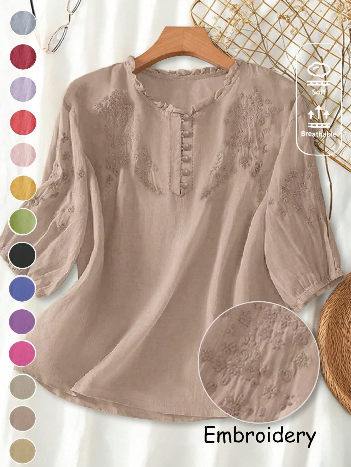 Women's Spring Summer Autumn Elegant Vintage Casual Boho Embroidered Blouse, Commute Holiday Vacation Daily Outing Viscose Embroidered Lightweight Loose Artistic Vintage Mid-Sleeve Shirt Top, Casual Woman, Country Outfits Women, Tops