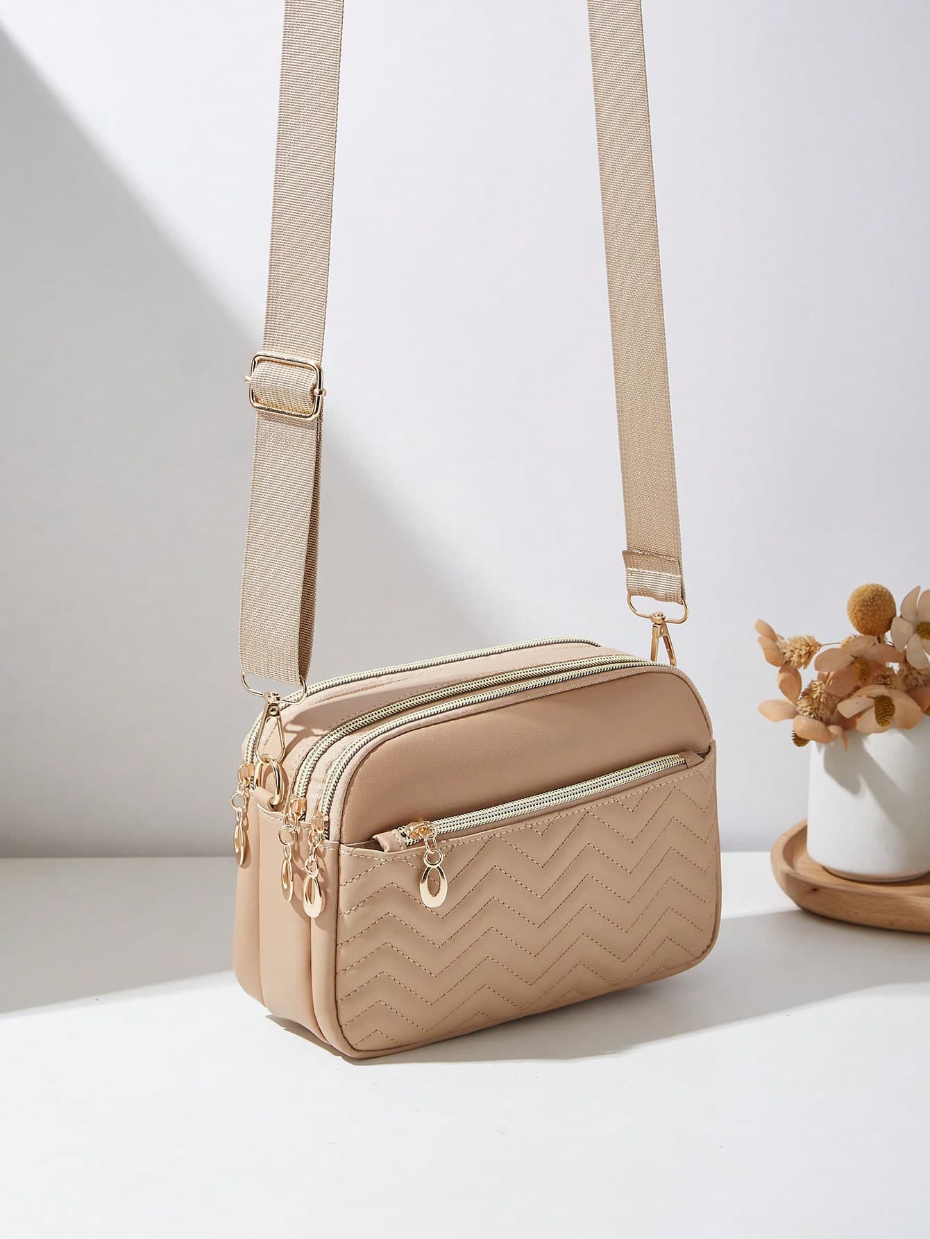 1pc Women's Casual Commuter Crossbody Bag, 4 Zipper Design, Solid Color Personalized Fashion Wavy Pattern, Soft Texture , Large Capacity,