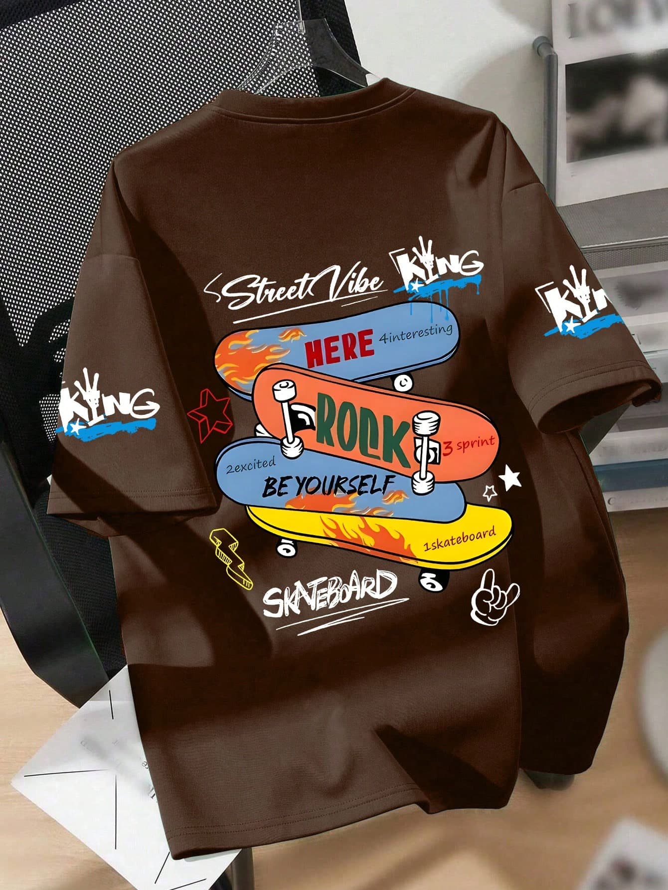 Teenage Boys' Skateboard Print Round Neck T-Shirt, Casual Soft Top For Summer