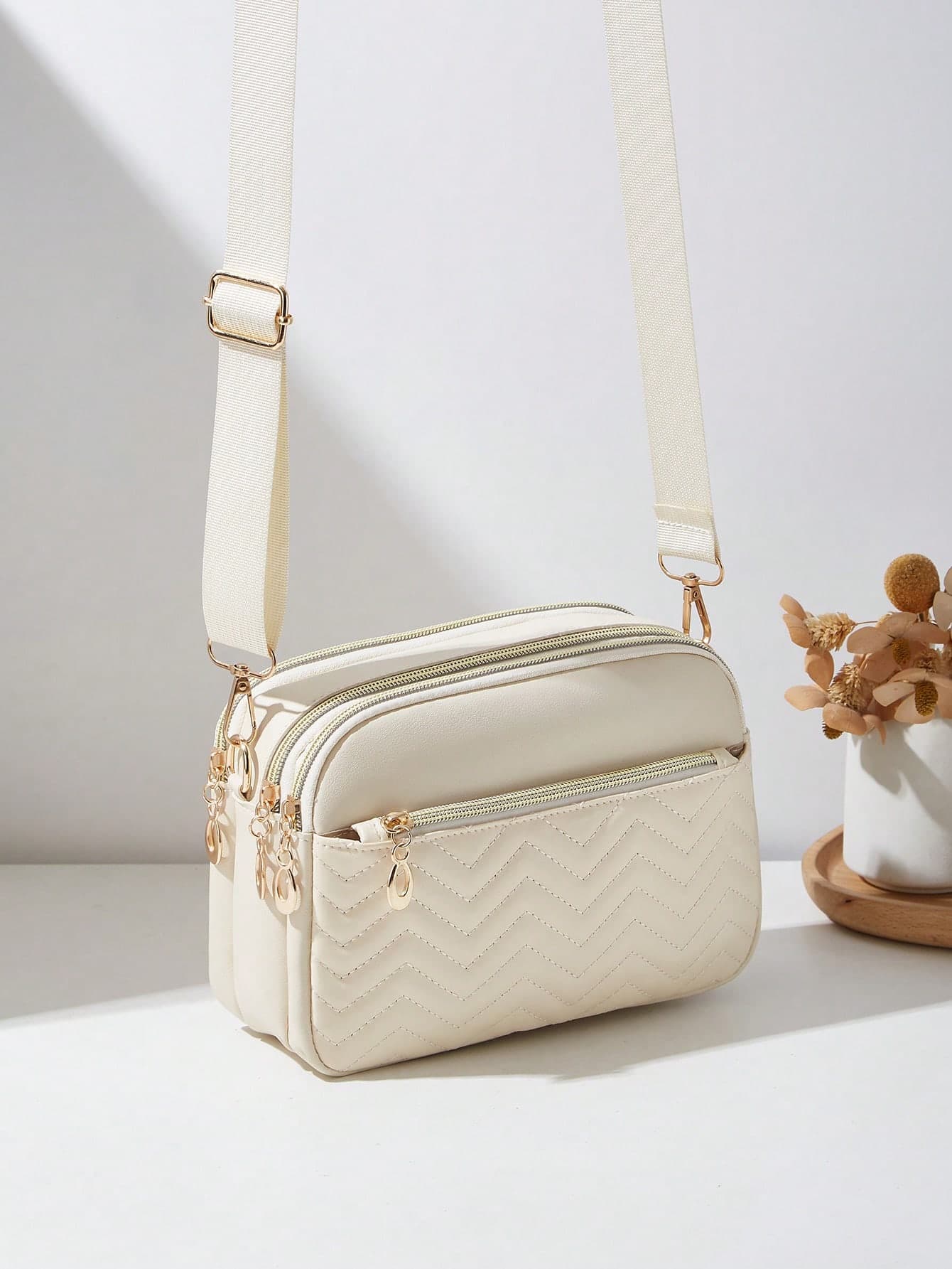 1pc Women's Casual Commuter Crossbody Bag, 4 Zipper Design, Solid Color Personalized Fashion Wavy Pattern,