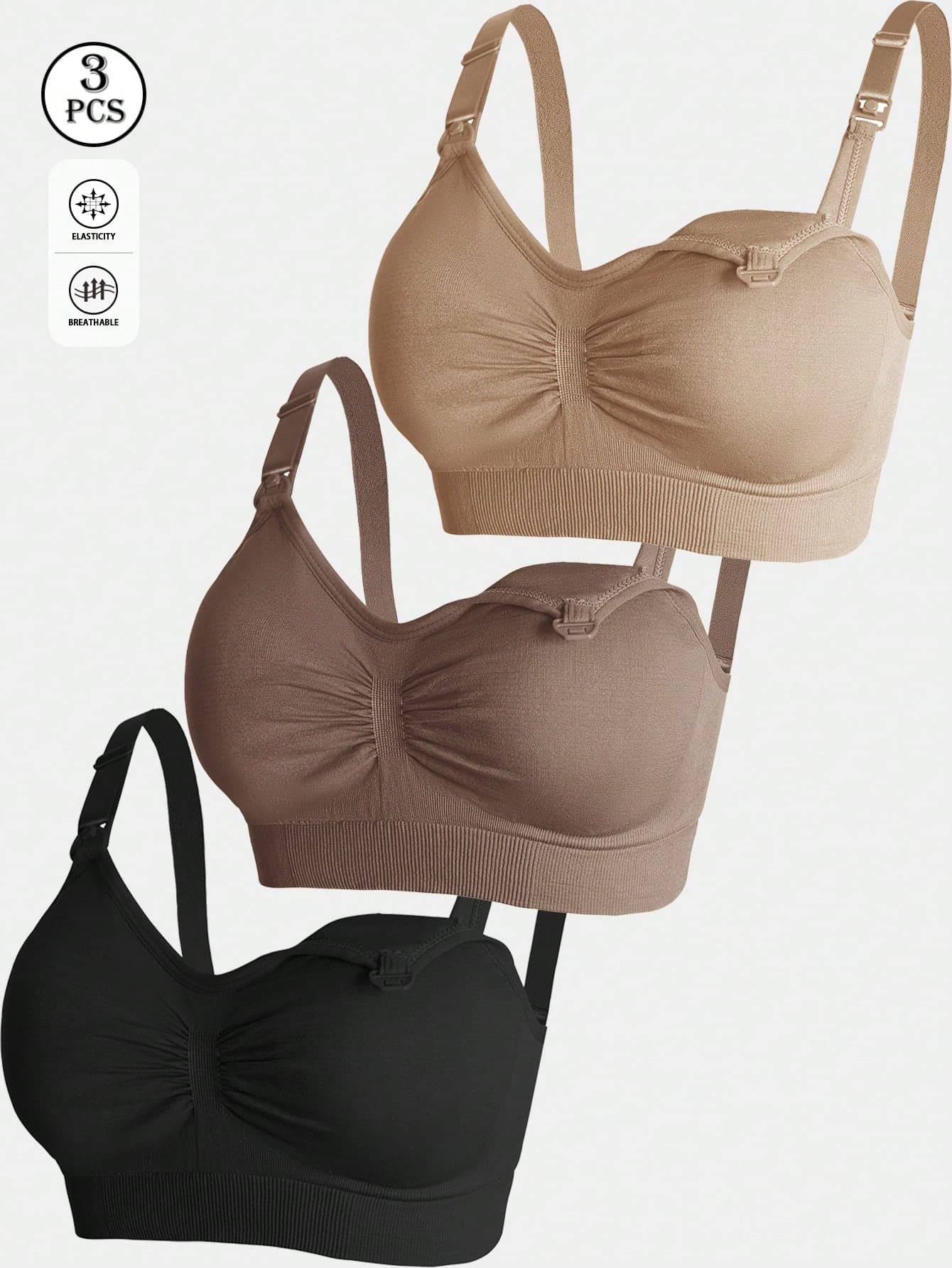 3pcs Nylon Maternity Bra Set, Nursing Bras With Front Clasp, Wireless Lift & Support Maternity Underwear