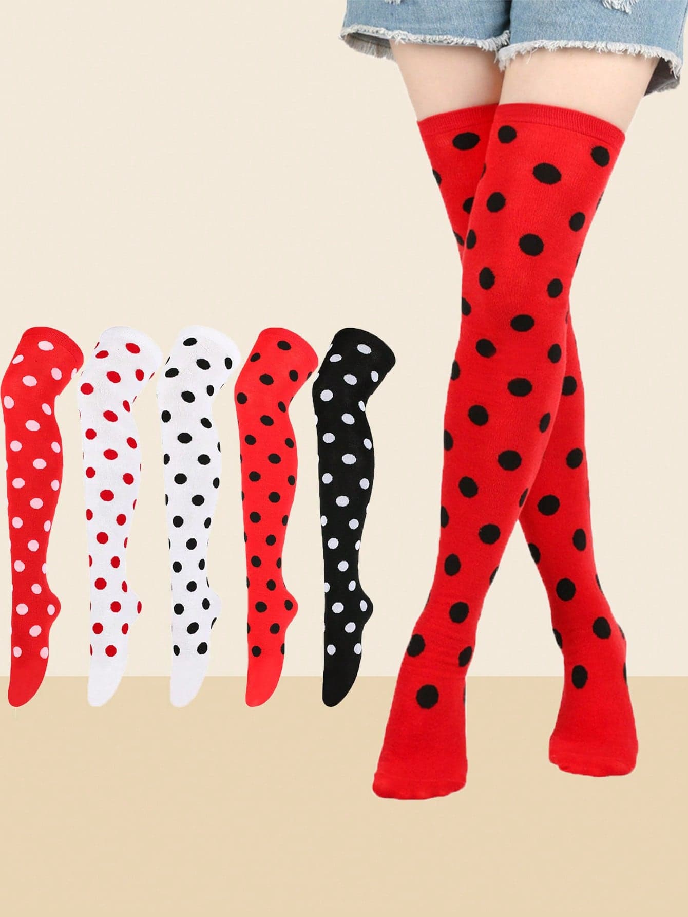 1 Pair Women's Christmas Thigh High Socks - Striped Knee High Socks With Bow And Pom Pom, Holiday Costume Party Socks, Ladybug Red Black Polka Dot Knee High Socks - Masquerade Ball Decorative Prop Socks, Performance Party Cosplay
