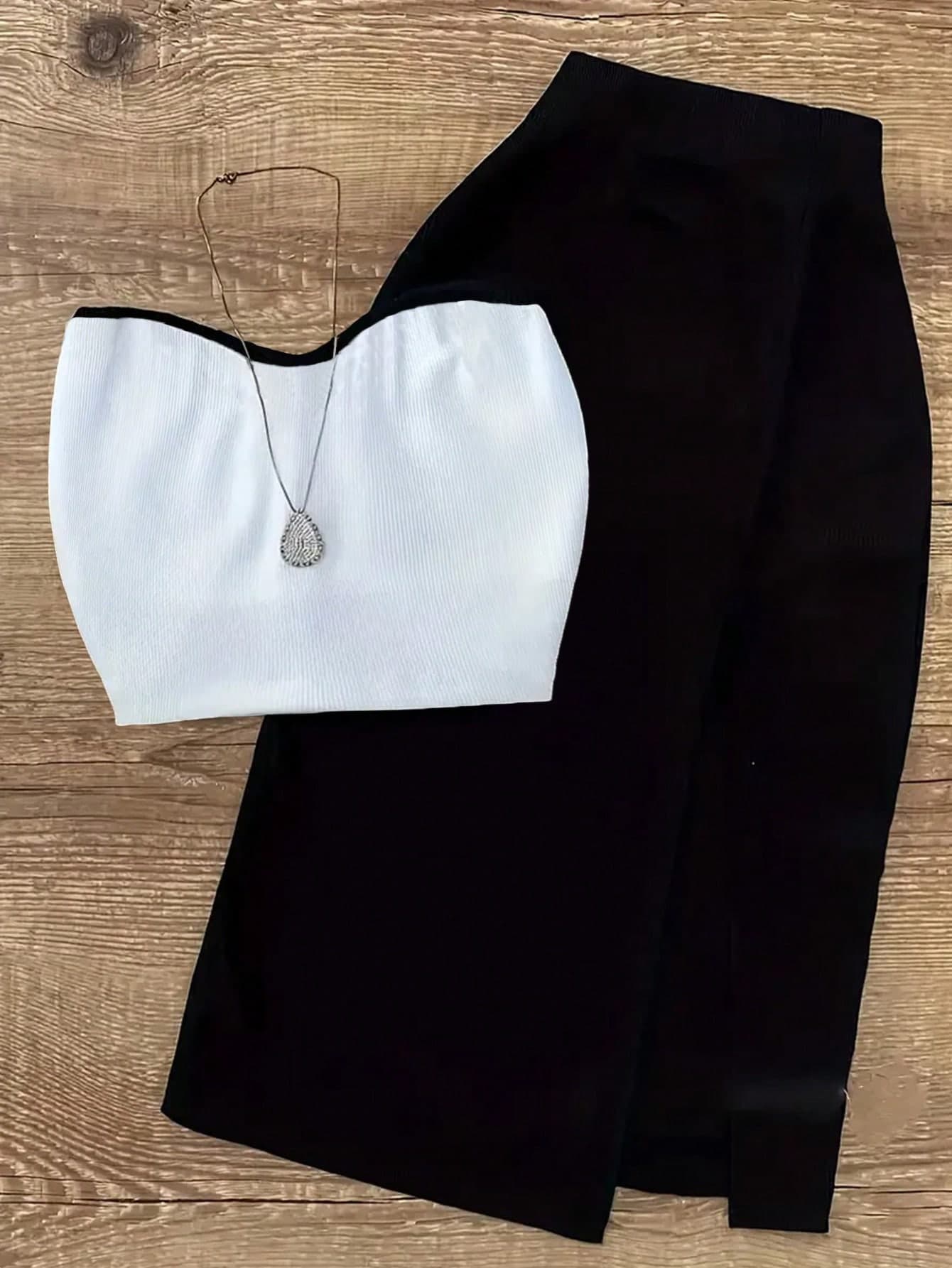 UREREM Sexy & Chic Cold Shoulder Sleeveless Crop Top With Fitted Skirt Set, Knitted Fabric 180G, Summer Black Elegant