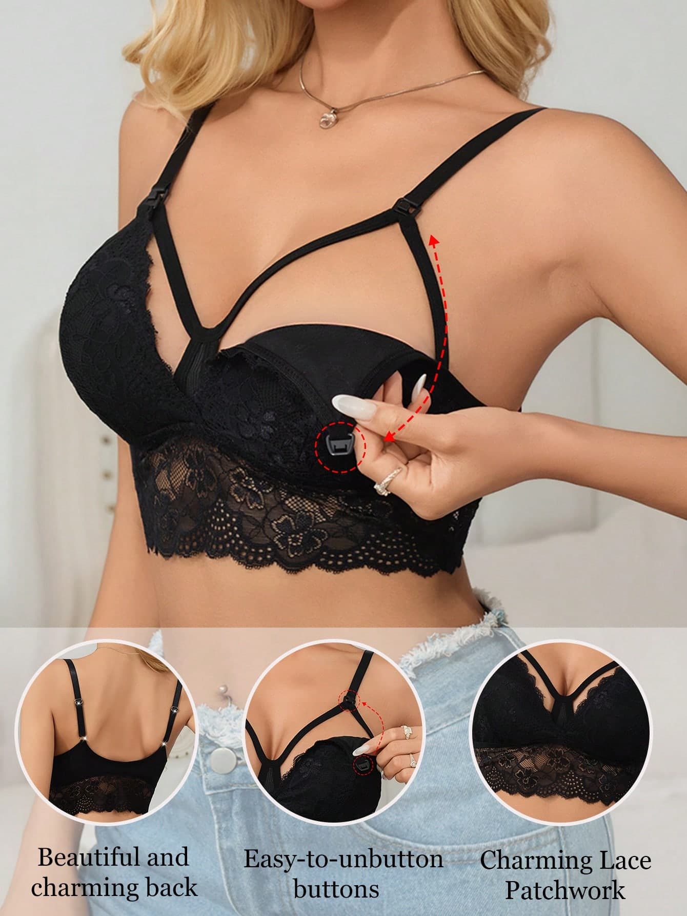 Maternity Solid Color Lace Trim Non-Padded Nursing Bra (Please Order One Size Up For Comfort)