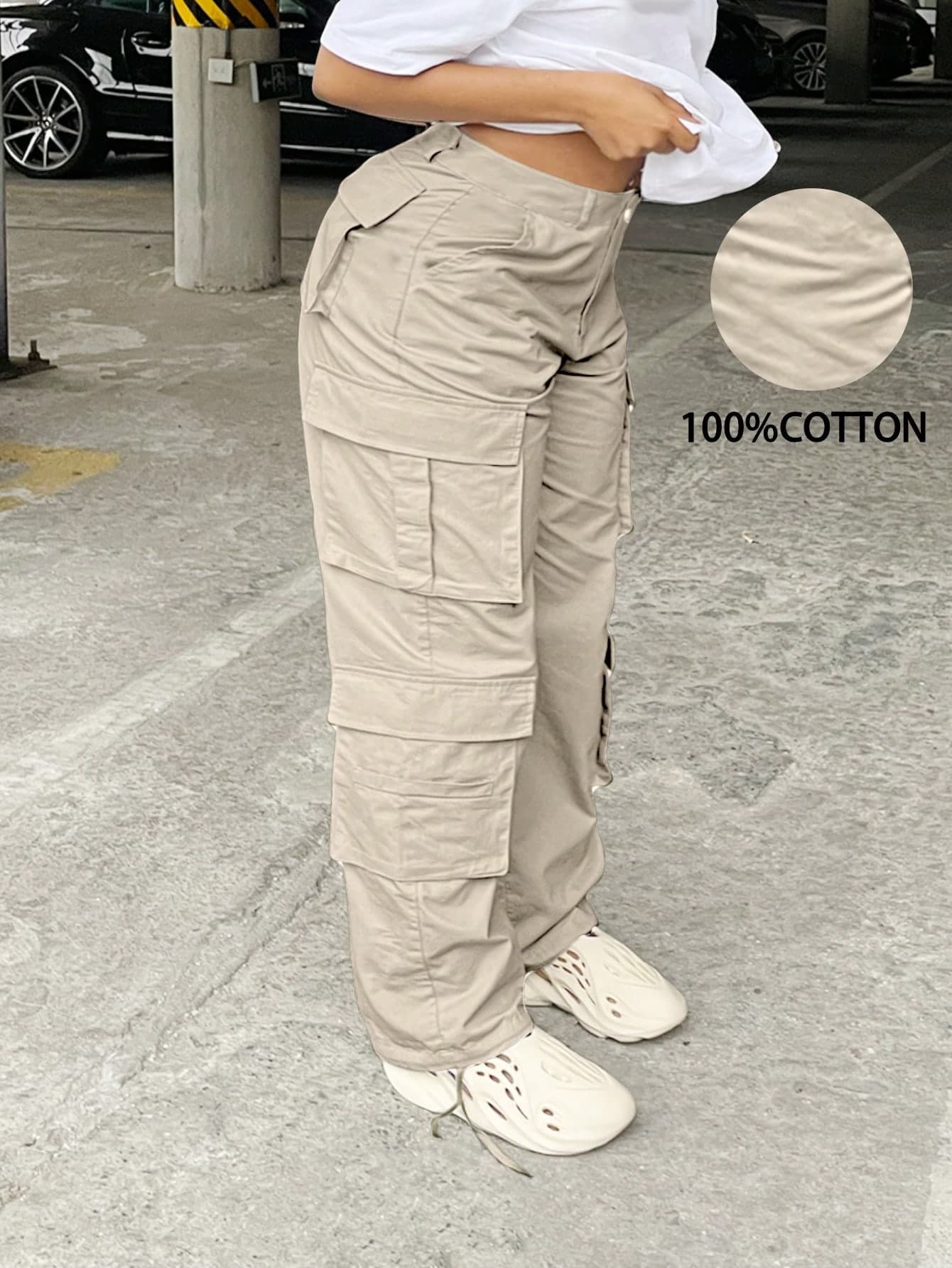 Plus Size Solid Color Front Button Casual Multi-Pocket Cargo Pants, Everyday Wear Spring