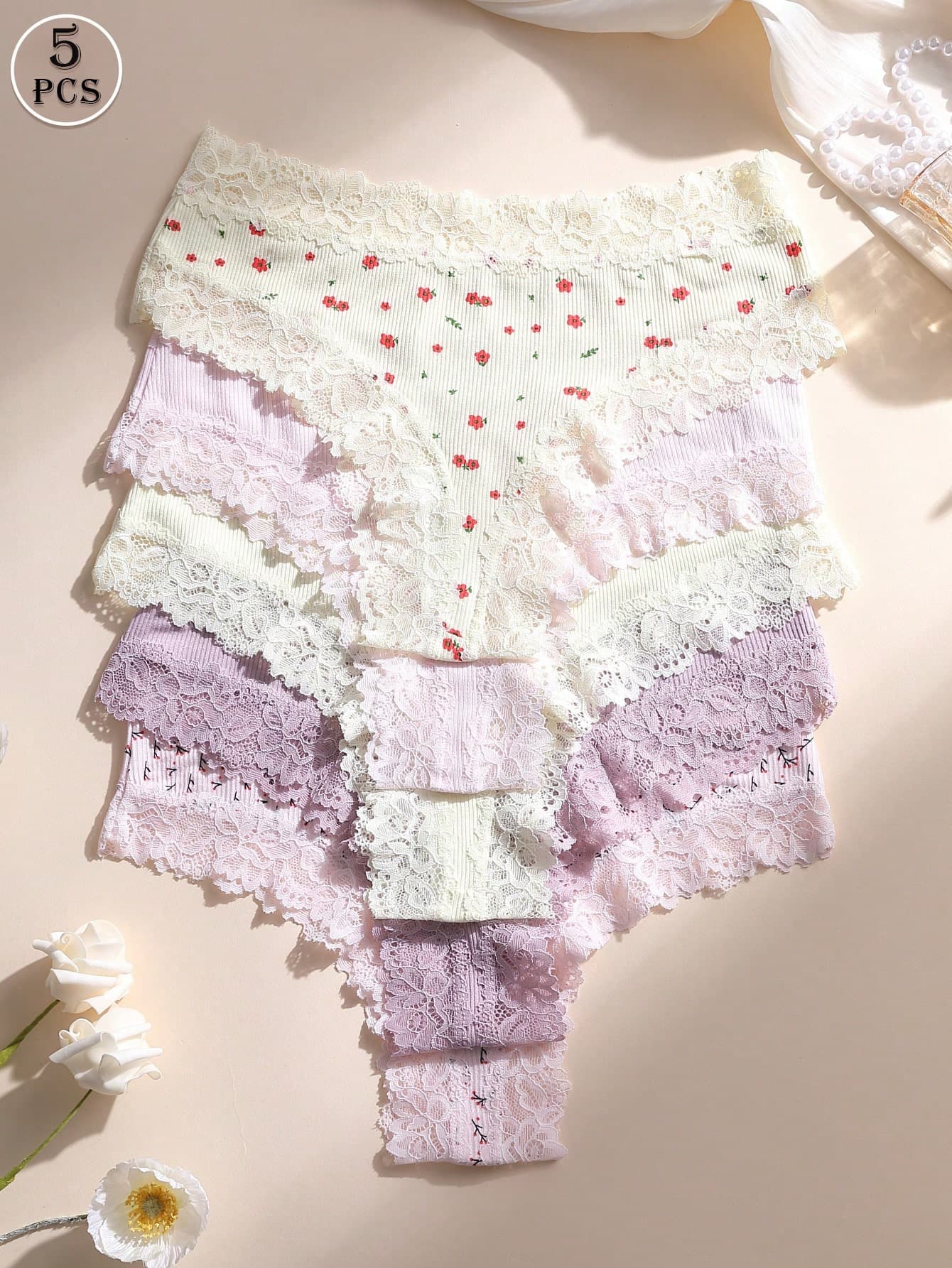5pcs/Pack Women's Sexy Lace Patchwork Seamless Low-Rise Thong Panties, Soft, Comfortable, Breathable, Suitable For Yoga, Sports And Daily Wear