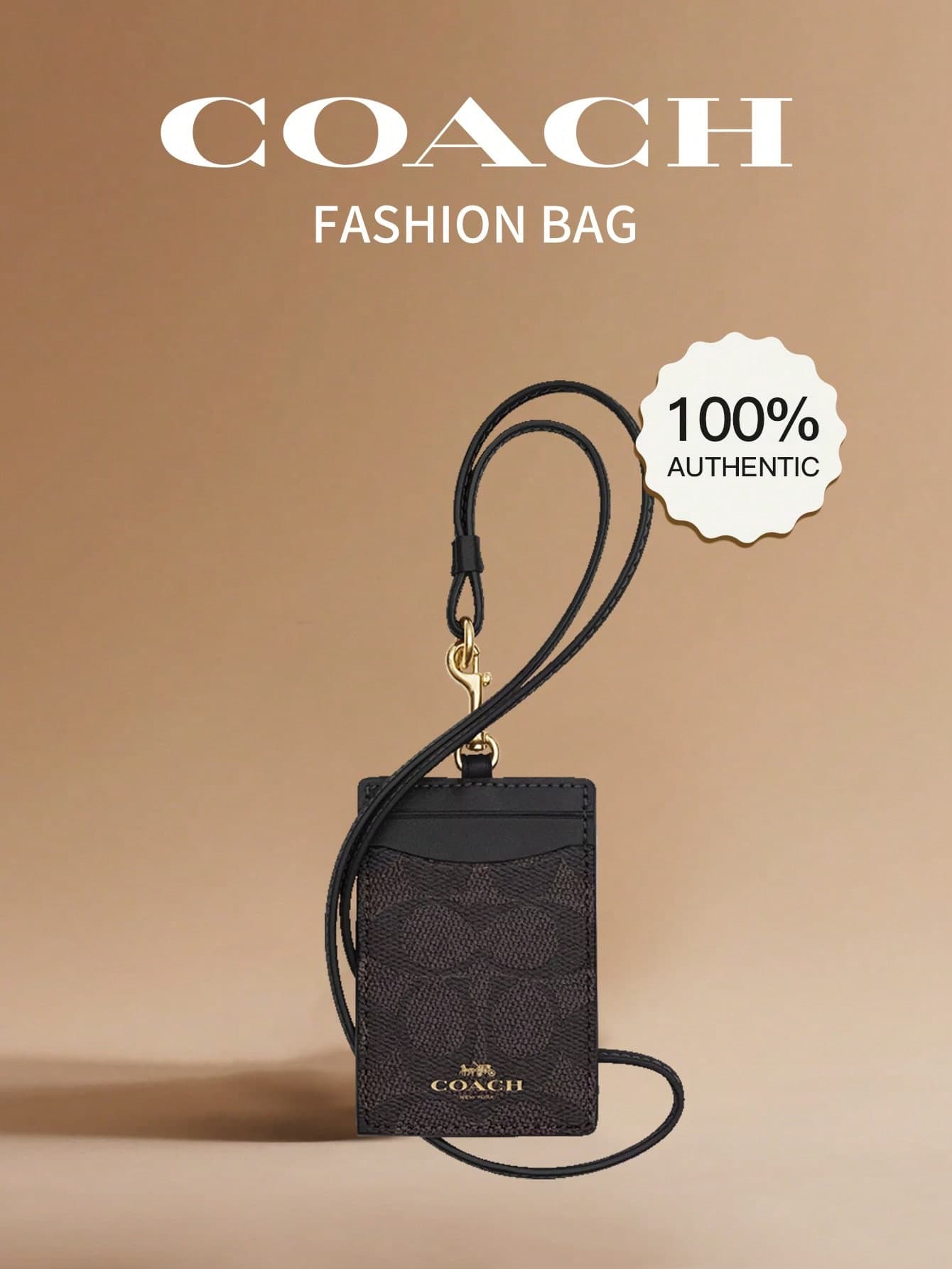 Coach Vertical Leather ID Card Holder With Transparent ID Window, Credit Card Slots, Detachable Lanyard