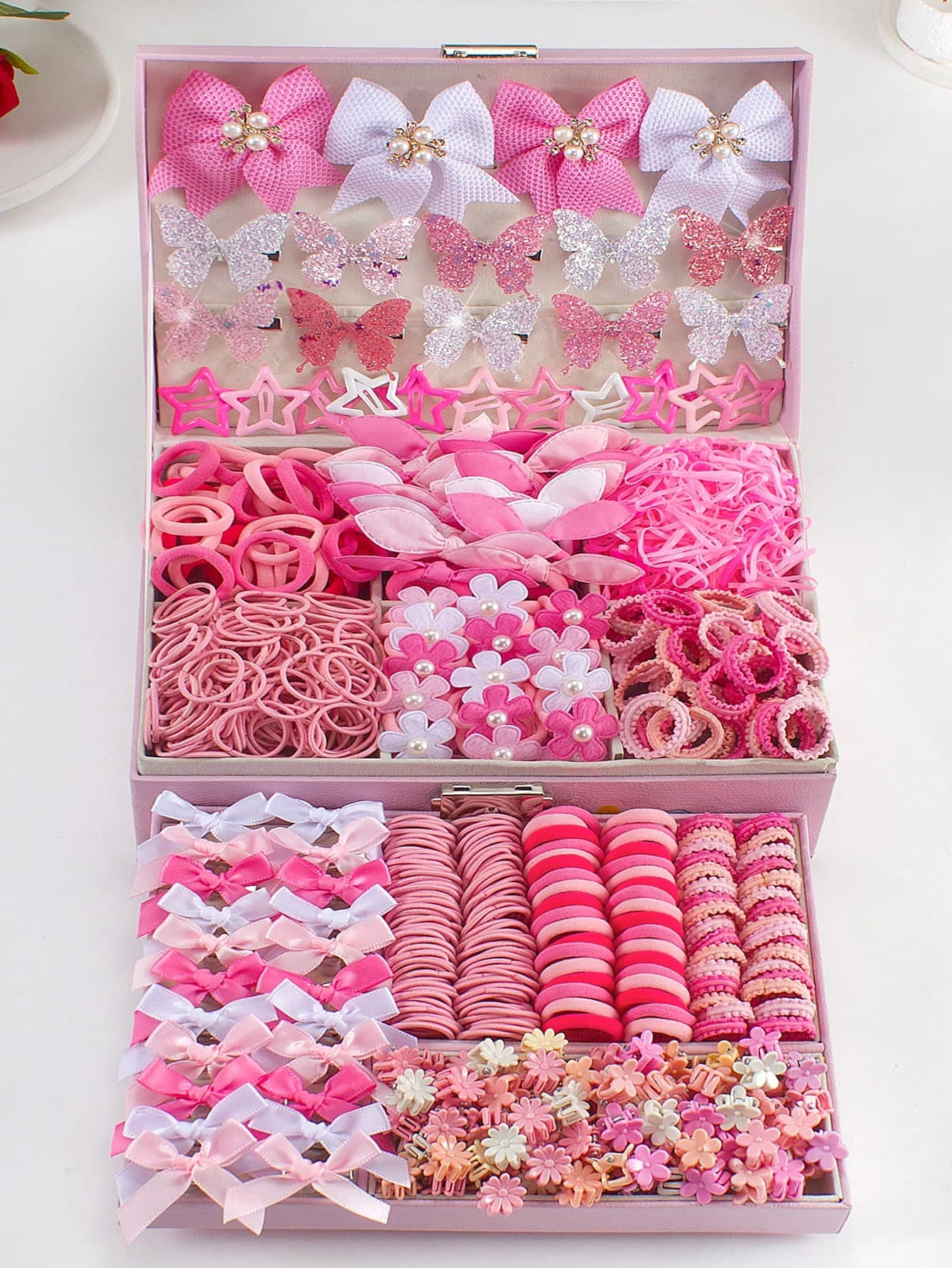 534pcs Cute Pink Girly Hair Accessories Set, Rhinestone Bow, Sequin Butterfly Hair Clips, Ribbon Hair Pins, Y2K Star Claws, Flower Hair Ties, Rabbit Ears, Elastic Lace Hair Bands, Towel Scrunchies, TPU Hair Ties, Suitable For Daily Wear And Party