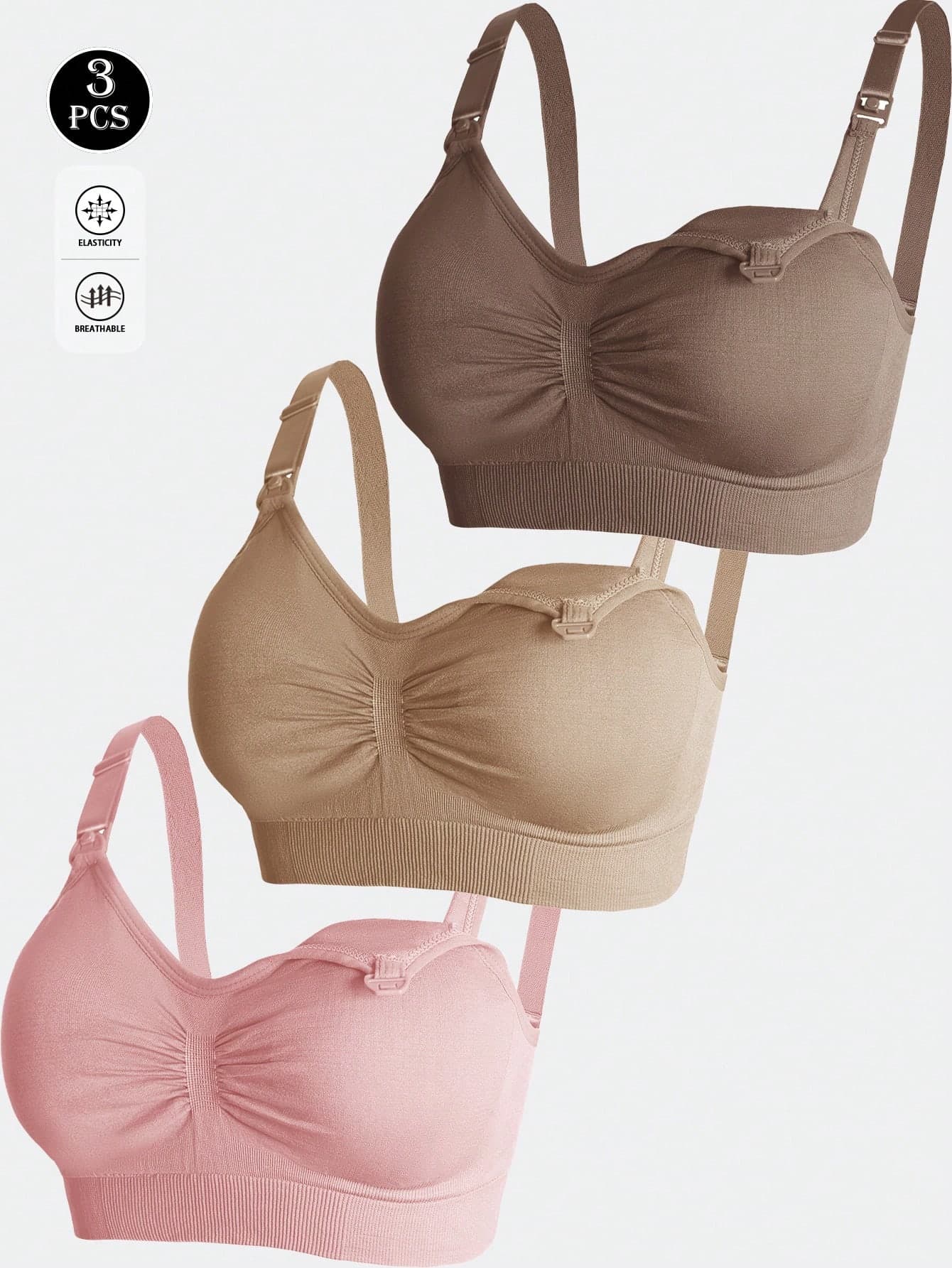 3pcs Nylon Maternity Bras Set, Seamless Front Opening Nursing Bras With Adjustable Support
