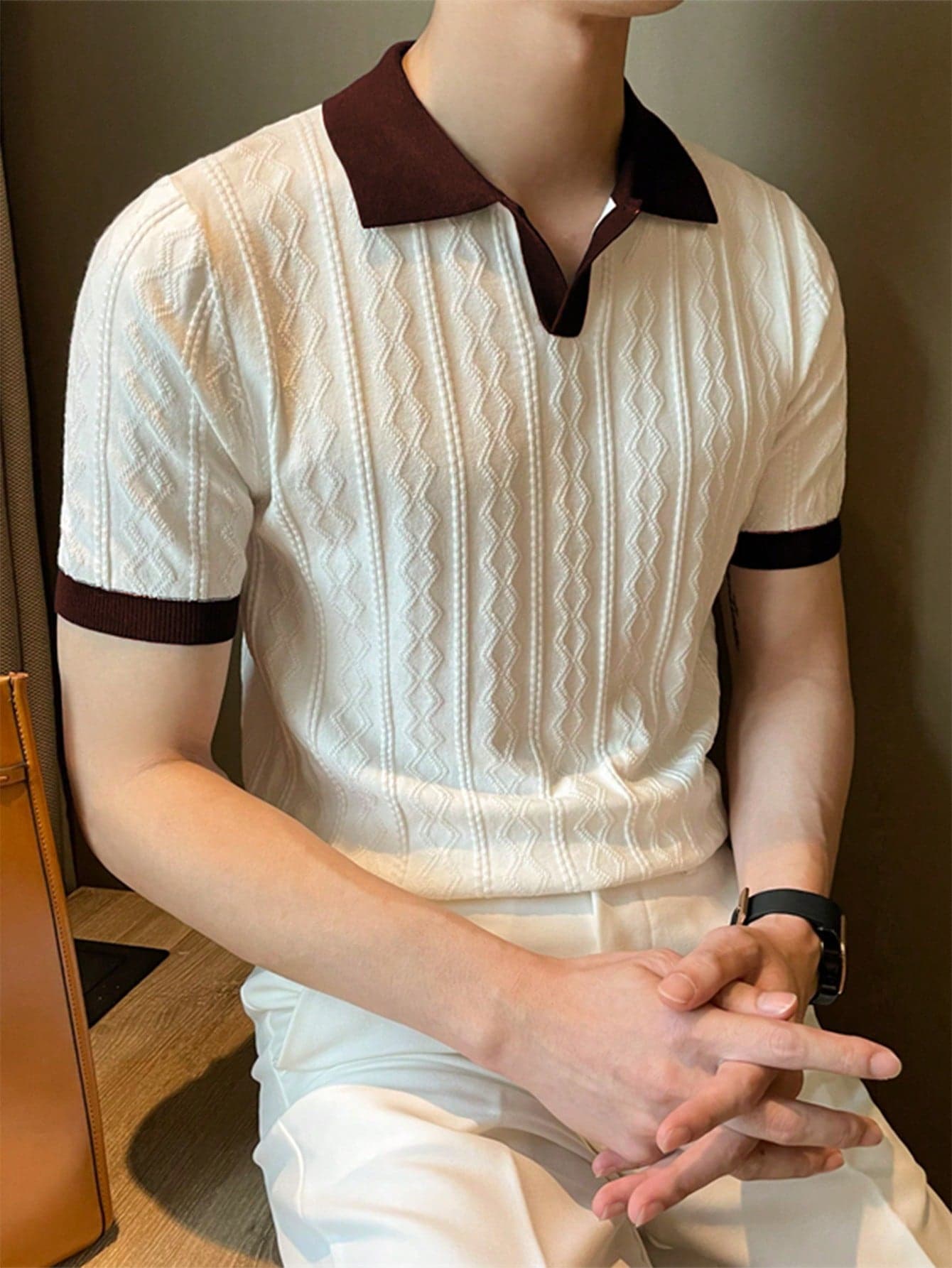 ALTZTAR Men's Contrast Color Short Sleeve Knitted Cable Textured Polo Shirt