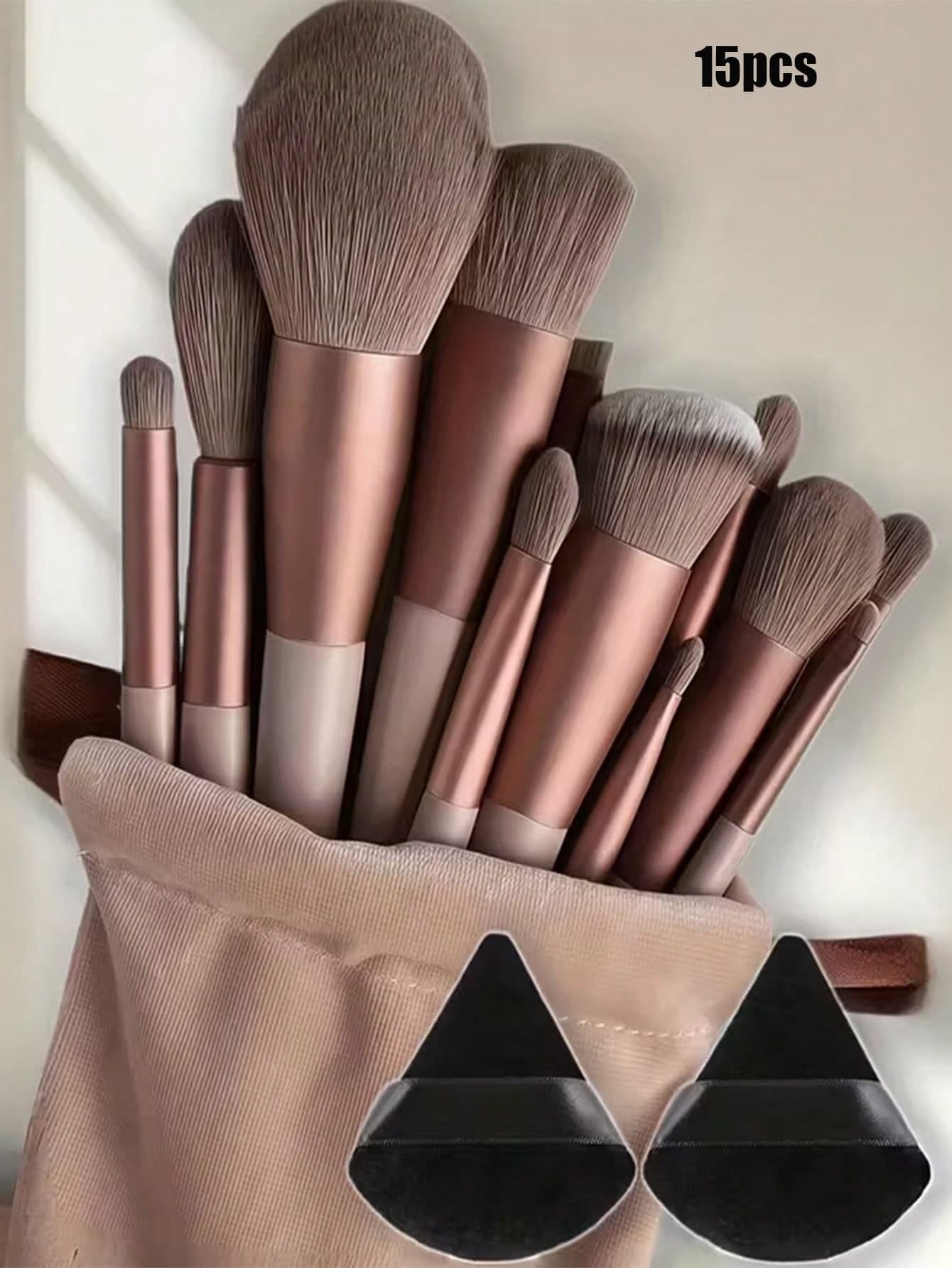 15pcs Makeup Brush Set, Includes 2 Black Triangular Makeup Sponges, Soft And Sticky For Loose Powder; Also 13pcs Makeup Brushes For Blush, Liquid Lipstick, Lipstick, Concealer, Foundation, Primer, Branded Cosmetics, Loose Powder, Highlighter, Contour, Setting Spray, Eyeshadow, Blush, Korean Makeup, Etc. Suitable As A Gift For Girls And Women.