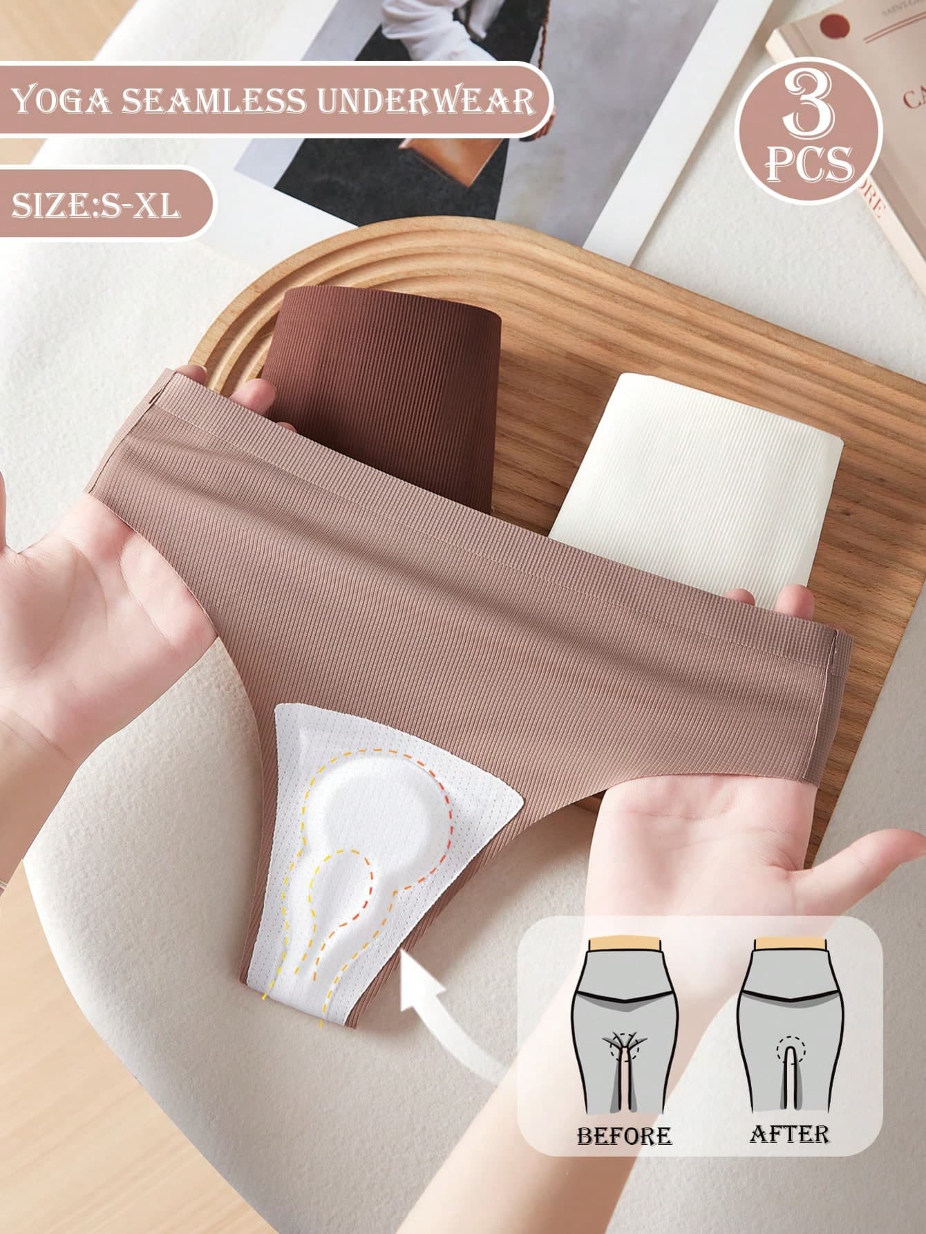 3pcs Women's Low Waist Solid Color Seamless Yoga Sports Panties, High Elasticity, Breathable, Sexy Thong