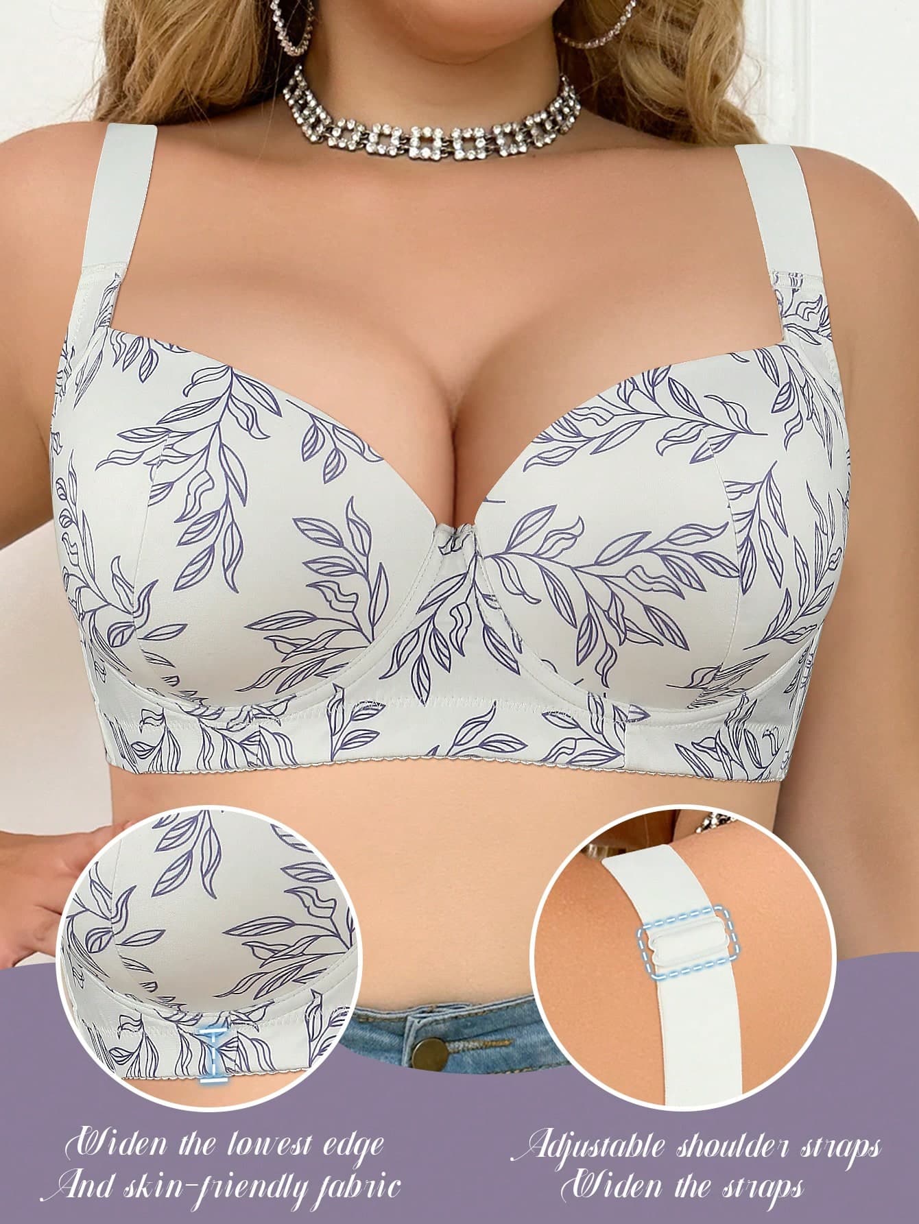 mimilemon Plus Size Women's Leaf Print Underwire Bra - Enhances Bust, Lifts, Side Support, Sexy & Comfortable, Fashionable & Versatile, Boosts Confidence In Curves