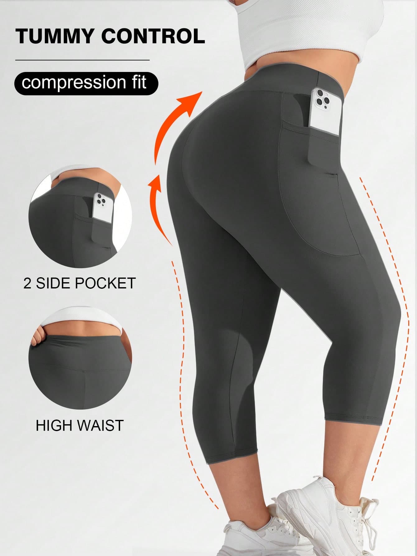 Plus Size Women's High Waist Compression Capri Leggings, Elastic Yoga Pants (XL-5X) - Spandex Stretchy Fitted Sports