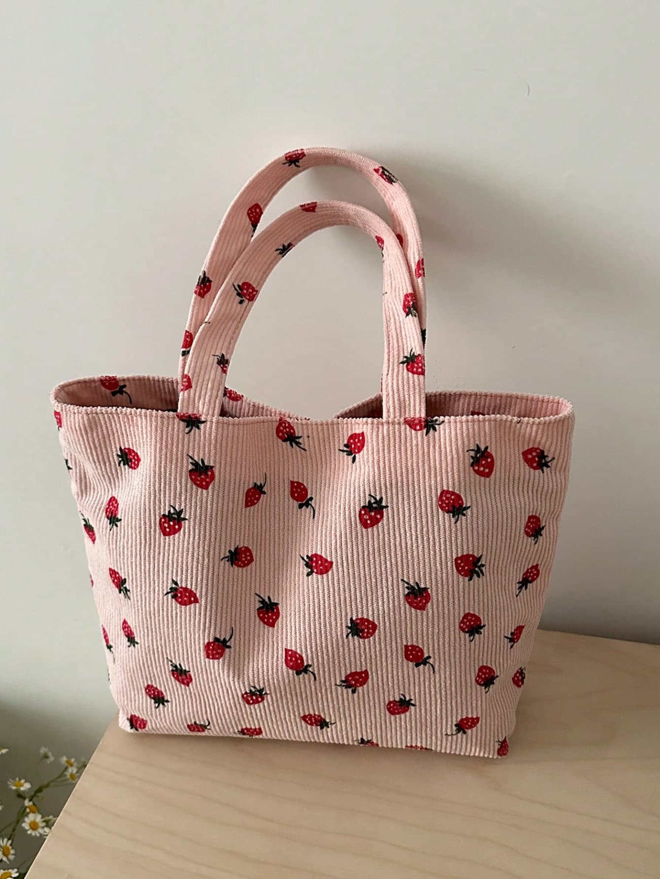 Strawberry Print Tote Bag, Cute Style Tote Bag, Fashion Large Capacity Versatile Shoulder Bag For Women, Corduroy , Kawaii , Beach, Canvas Bag ,Pink Bag