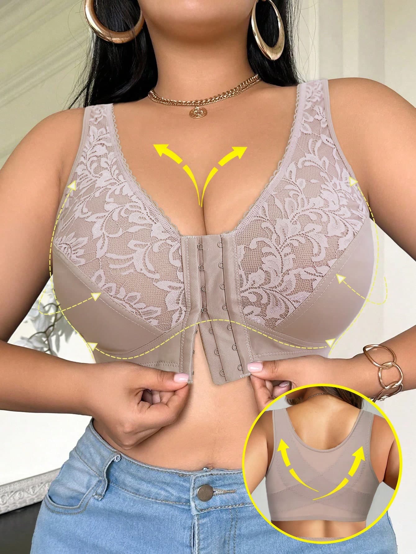 Women's Skin-Tone Full Coverage Front Closure Bra, Ultra-Thin Comfortable Breathable Wireless Plus Size Bra, Suitable For Sports, Casual, And Home Wear