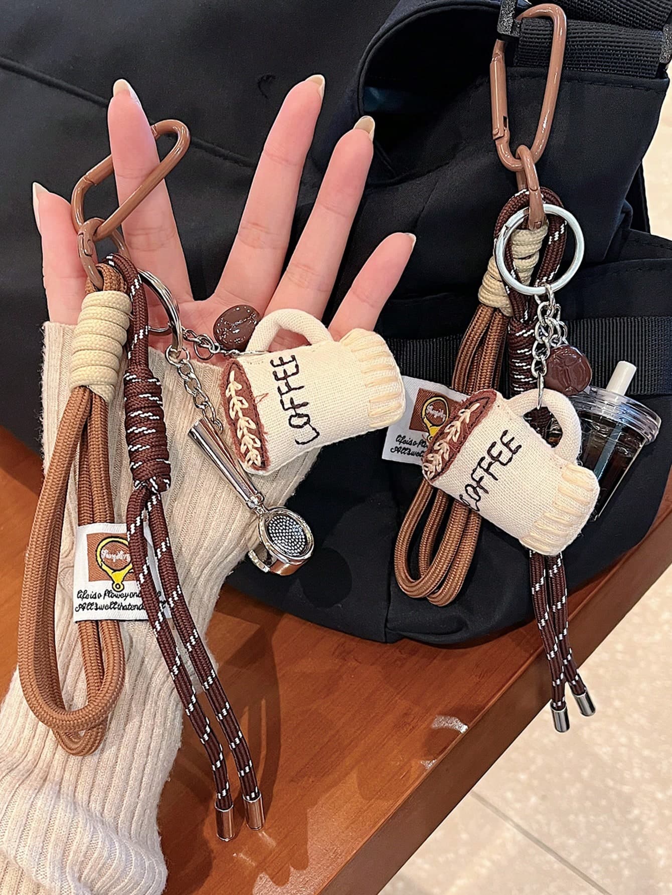 Fabric Coffee Bottle Spoon, Leather Heart, Iced Americano Coffee, Braided Rope Detailed Keychain & Car Ornament. It Features A Detachable Design, Making It A Great Choice For Coffee Enthusiasts. It Is An Ideal Unisex Gift, Suitable For Decorating Backpacks, Crossbody Bags, Keys And Bag Charms