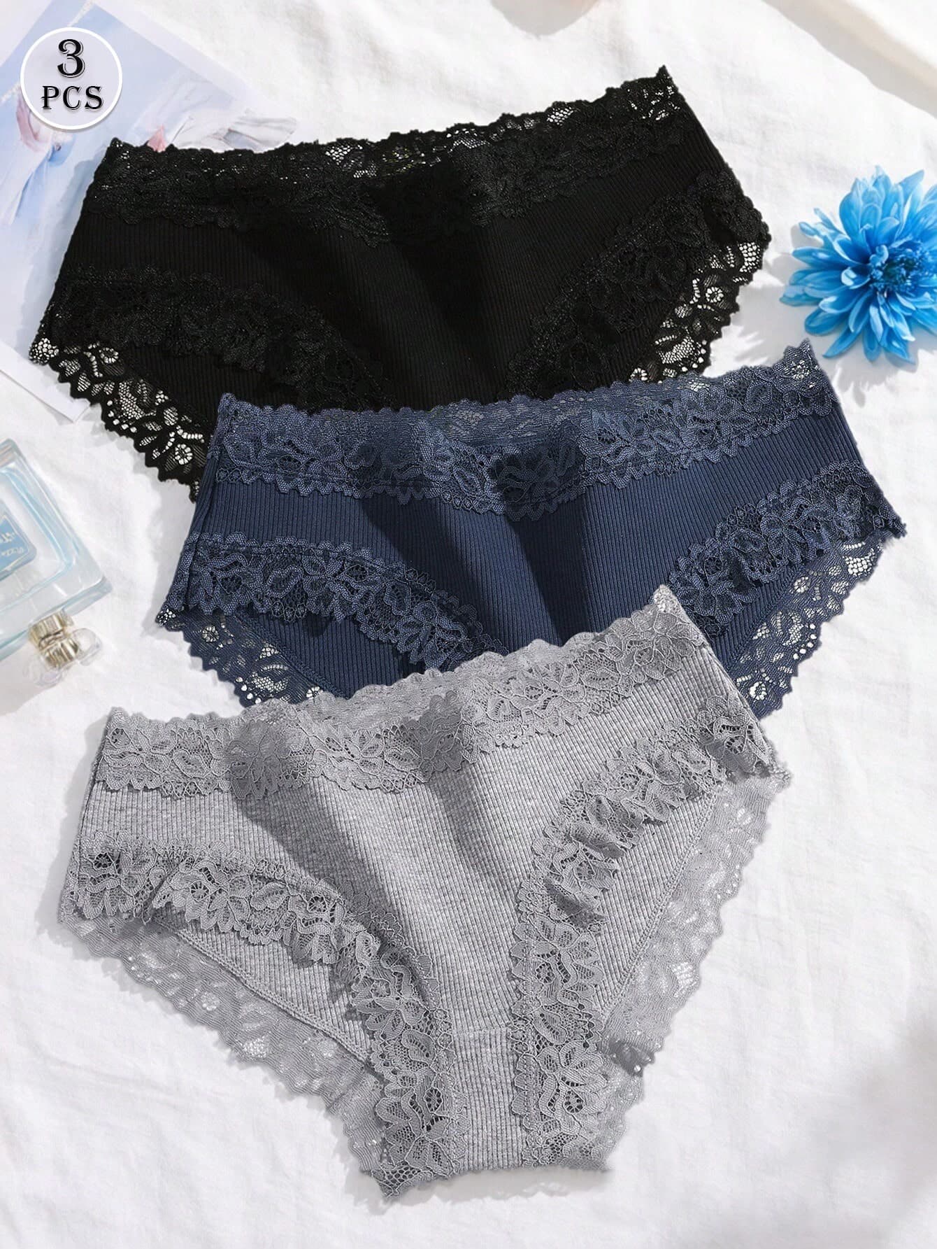 3pcs Set Solid Color Cotton Ribbed Lace Patchwork Sexy Comfortable Women's Triangle Panties