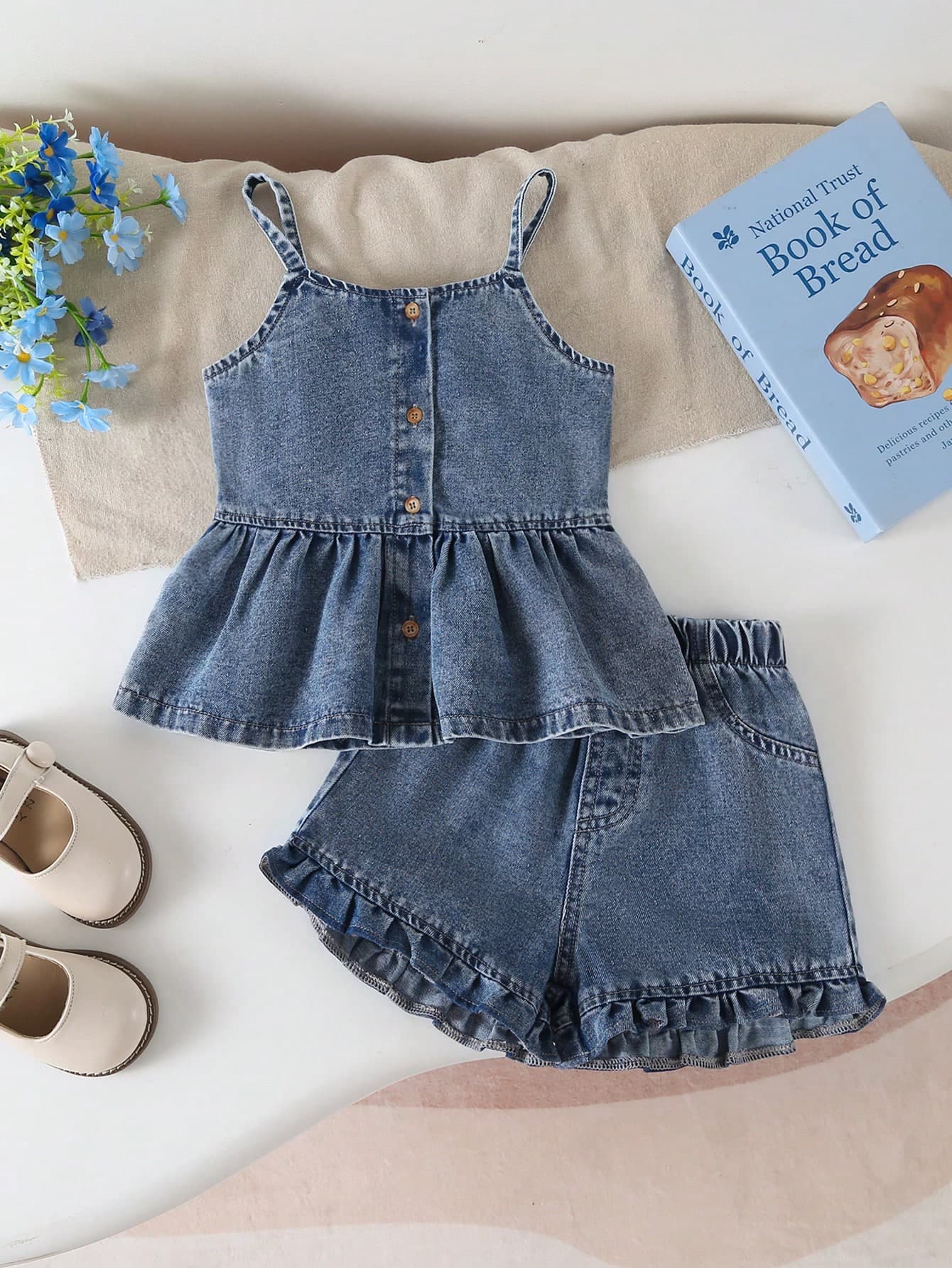 2pcs/Set Toddler Girls Cute & Comfortable Outdoor Daily Sleeveless Button Snowflake Washed Denim Vest Top And Minimalist Fashionable Retro Casual Floral Trim Denim Shorts Set