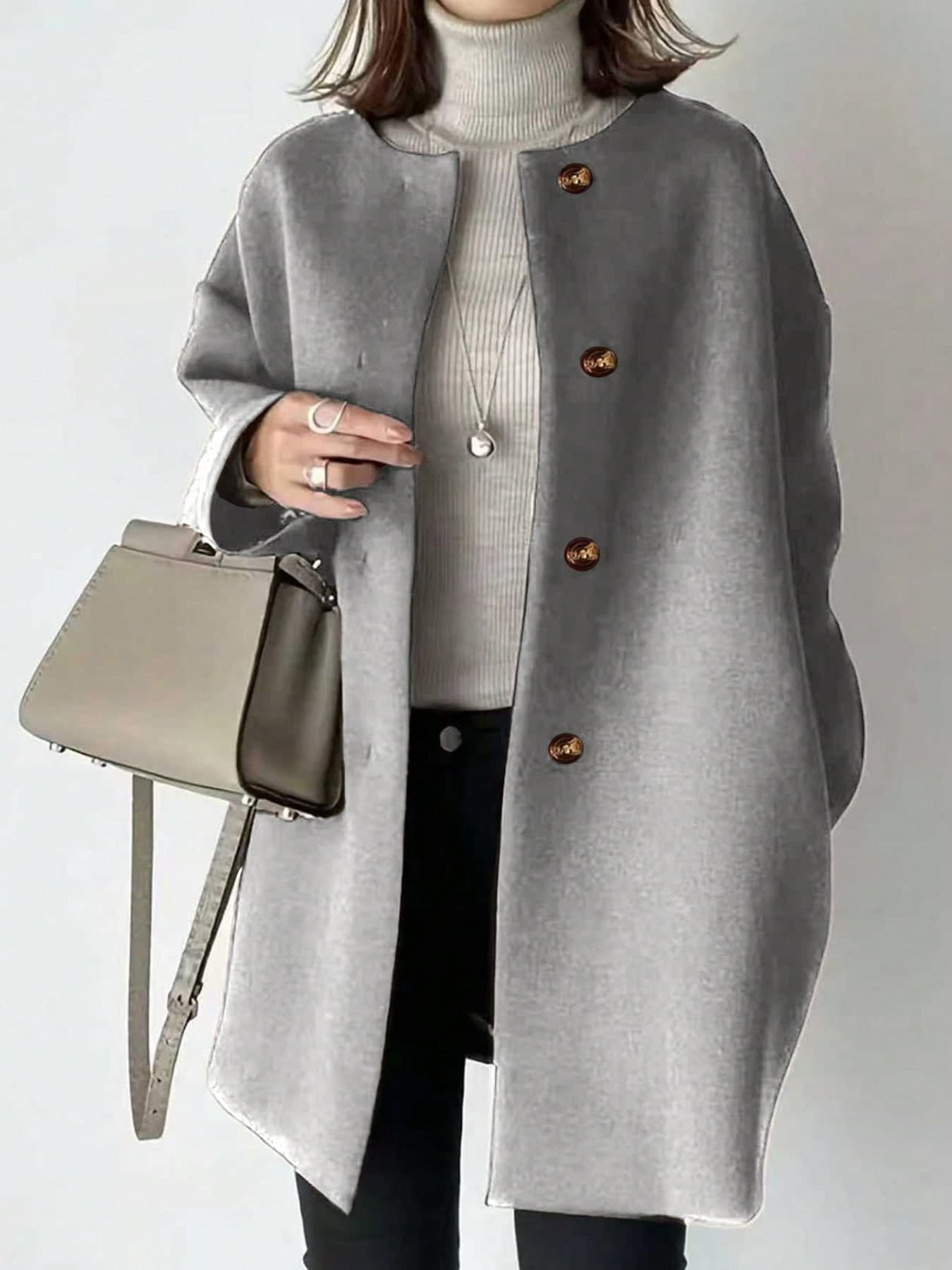 Plus Size Mid-Length Coat, Front Button Closure, Round Neck Long Sleeve, Solid Color Knitted Coat, Autumn/Winter Bestseller Spring