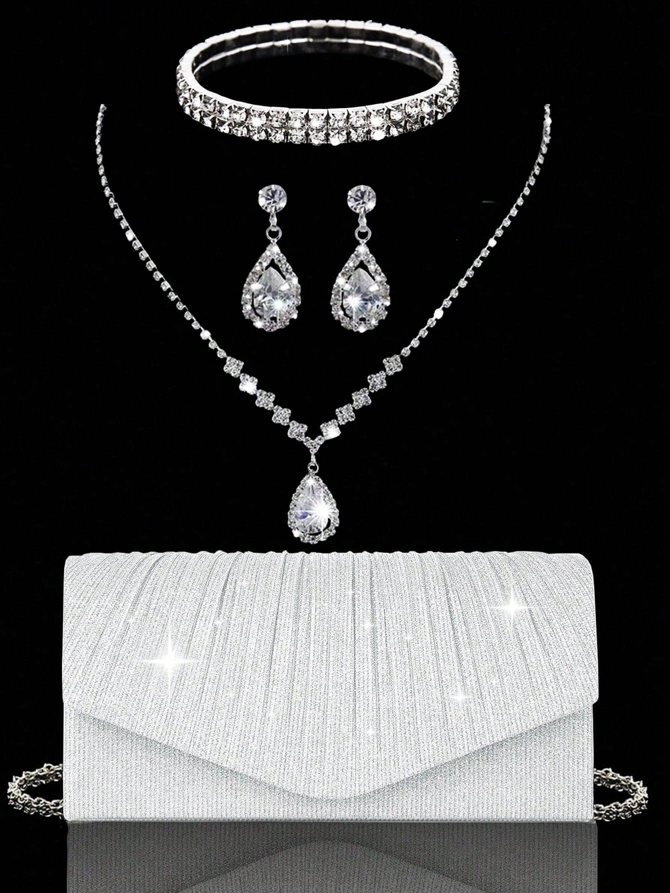 Elegant Women's Evening Clutch Bag, Sparkling Rhinestone Pleated Handbag With V-Shaped Flap Envelope Design, Comes With Sparkling Rhinestone Jewelry, Shiny Clutch, Perfect For Parties, Weddings, Proms, Evening Dinners, Wedding Dresses, Formal Occasions, Prom Dresses, Birthday Dresses