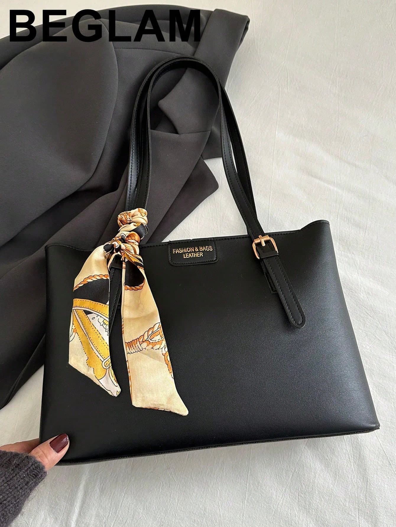 Fashion Minimalist Solid Color Letter Print Shoulder Tote Bag With Scarf, Suitable For Young Women, College Students, Workplace Newcomers, White-Collar Workers, Applicable For Office, Commuting, Travel, Outdoor And Multiple Occasions