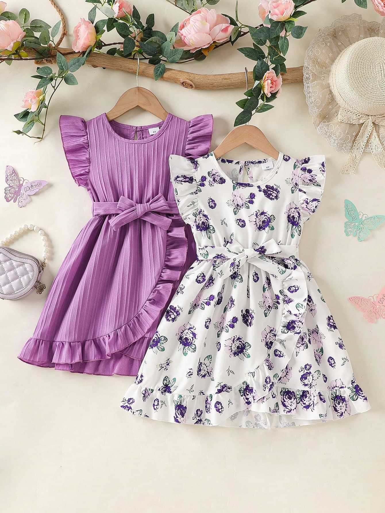 2pcs/Set Young Girls Elegant Casual Dress, Flutter Sleeve, Open Back, Ruffle Hem, With Belt, Summer