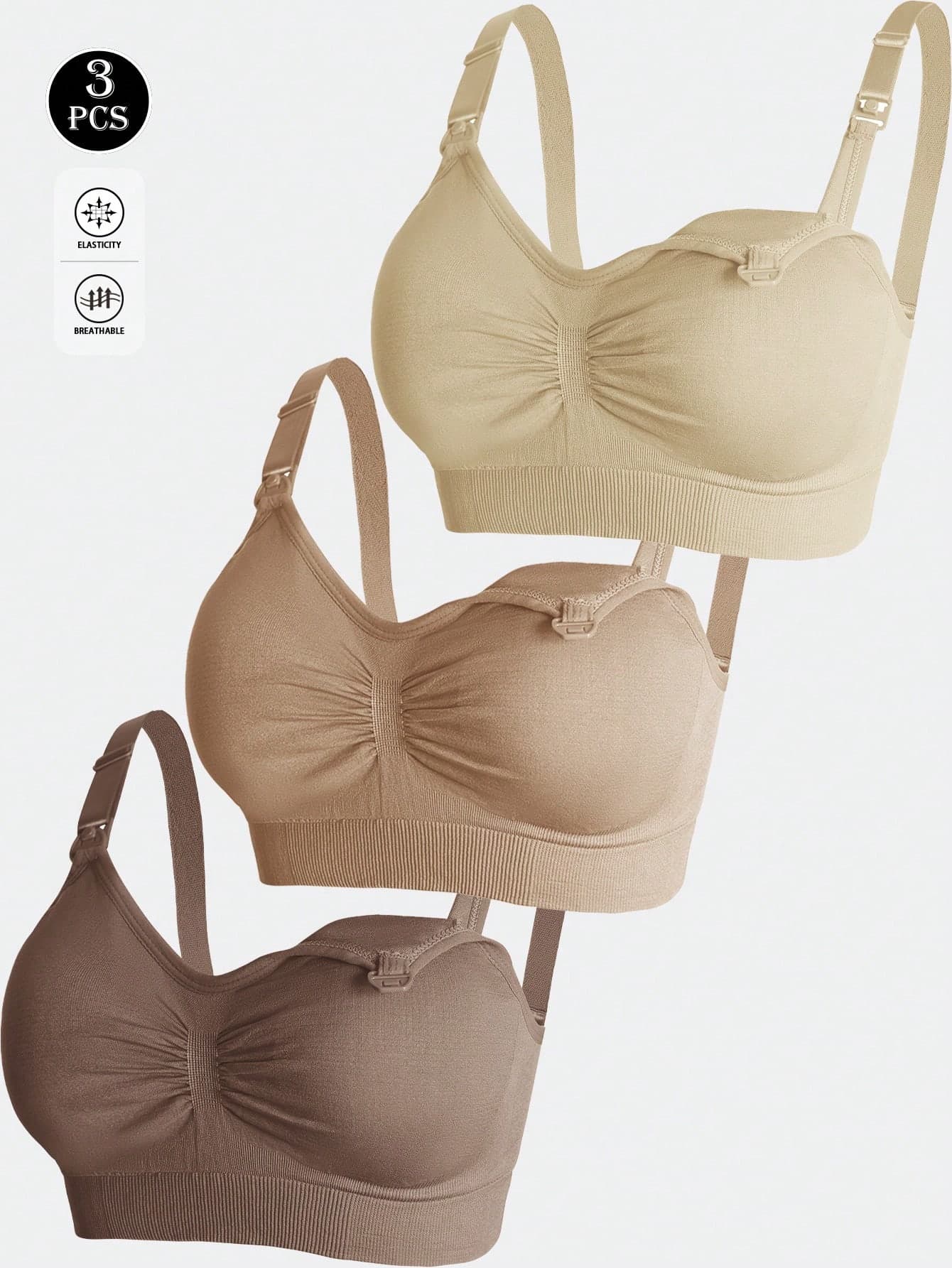 3 Pcs Nylon Maternity/Nursing Bras In Black, Burgundy, Nude Colors, Sexy Yet Comfortable, Seamless And Wire-Free, Front Clasp For Easy Feeding
