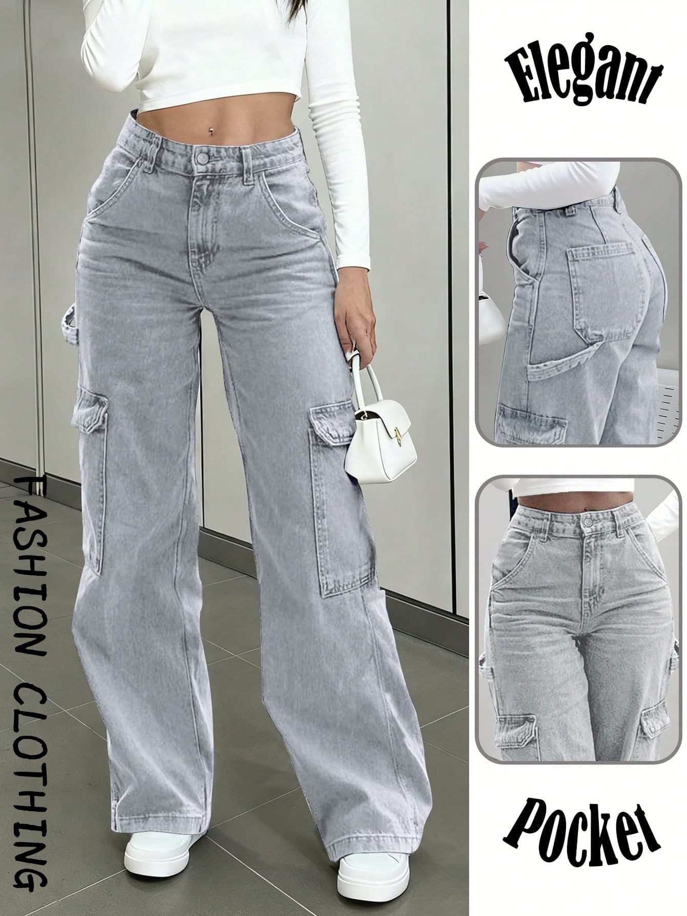2026 Summer Y2K Style Loose Light Gray Casual Cargo Jeans, Relaxed Fit Washed Wide Leg Jeans, Sexy Street Denim Pants For Women Spring