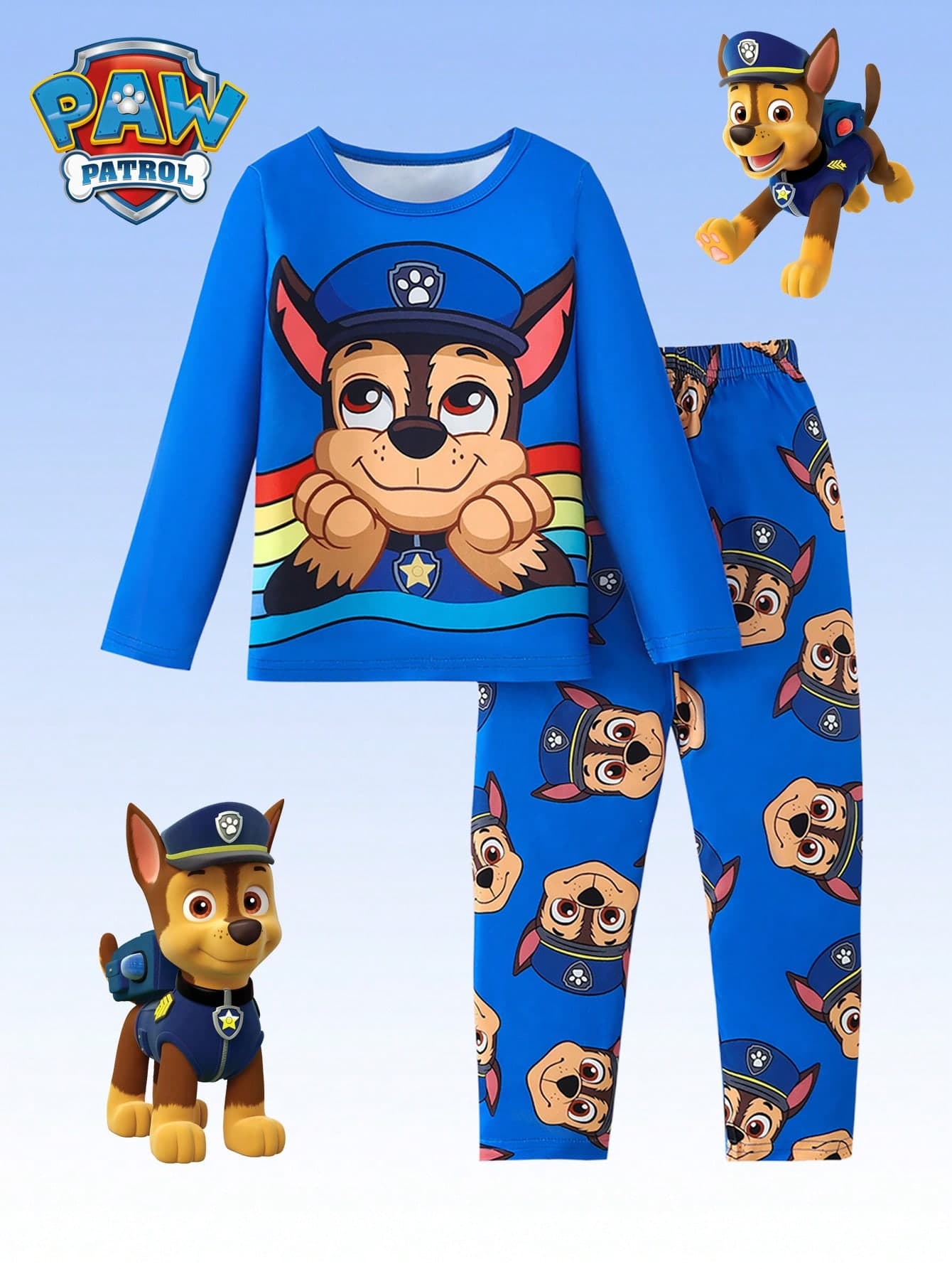 Paw Patrol 2pcs  Boys' Outfit, Kids Pajamas Home Wear, Cute Cartoon Dog Print Blue Long Sleeve T-Shirt And Pants, Suitable For Daily Casual, Christmas Gift, Autumn/Winter