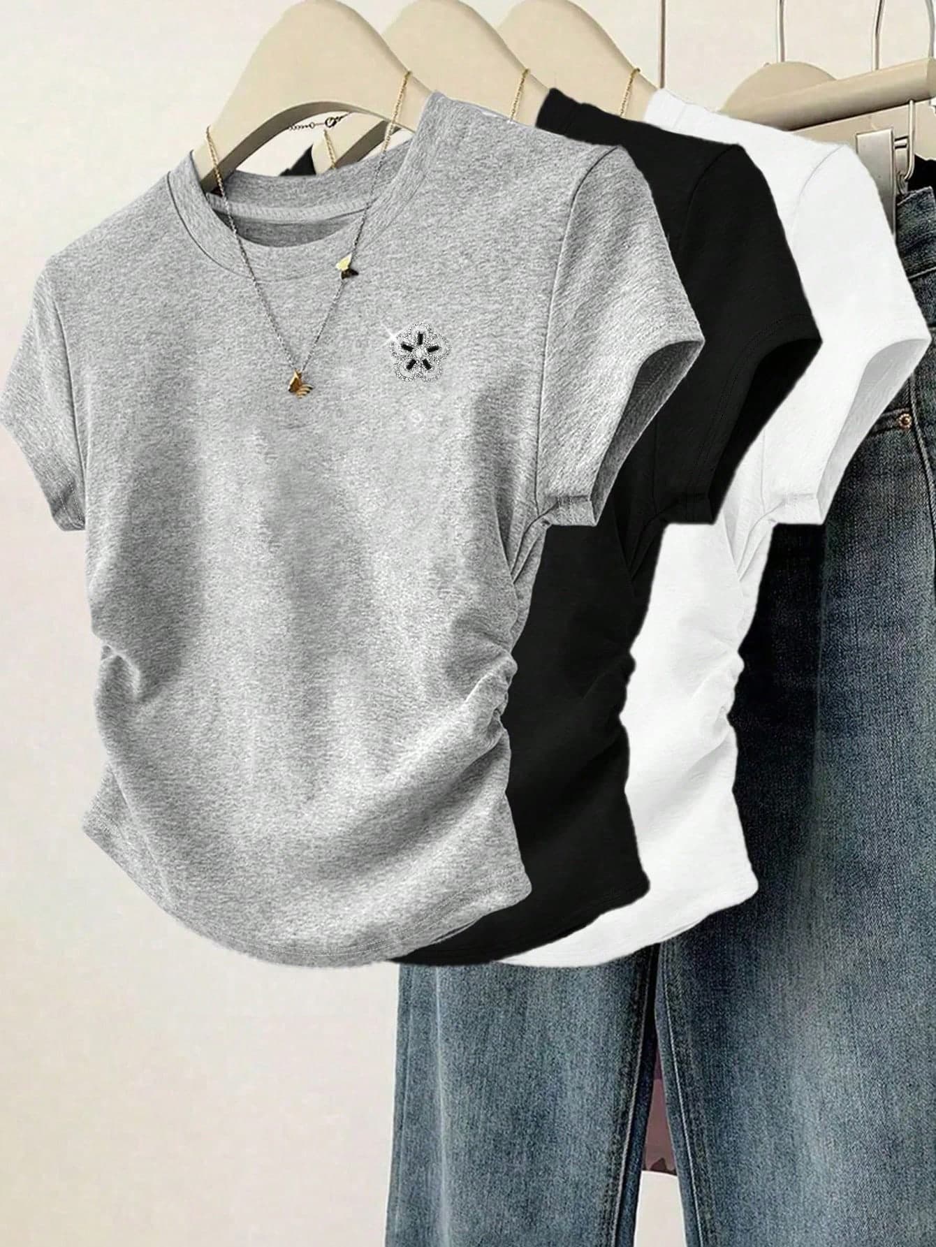3pcs Women Casual Slim Fit Heart Detail Pleated Solid Color Crew Neck Short Sleeve T-Shirt Set Summer