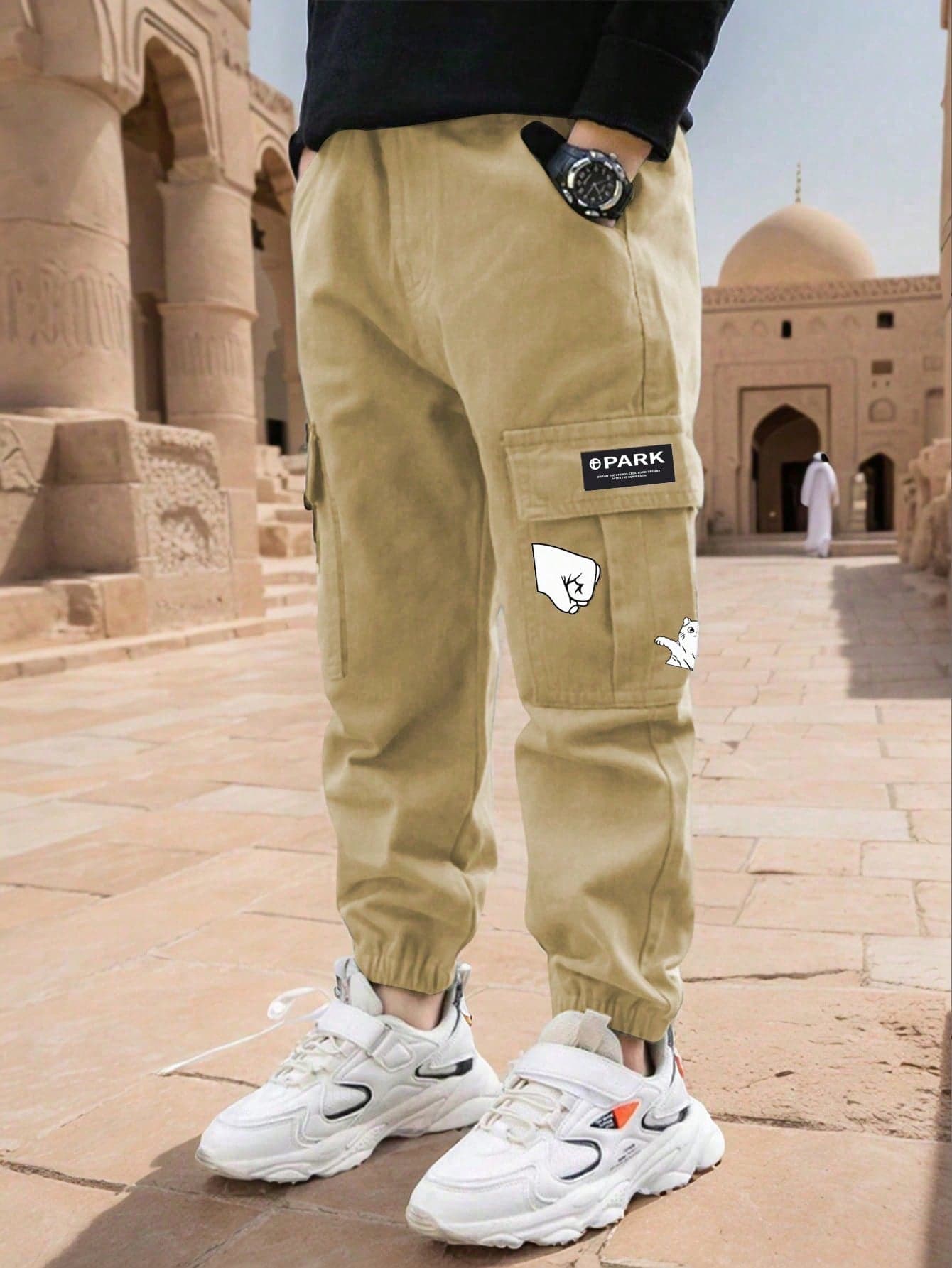 Tween Boys 1pc Casual Outdoor Workout Cargo Pants With Cartoon Print Pockets, Long Pants For Spring Summer Autumn Back To School Season