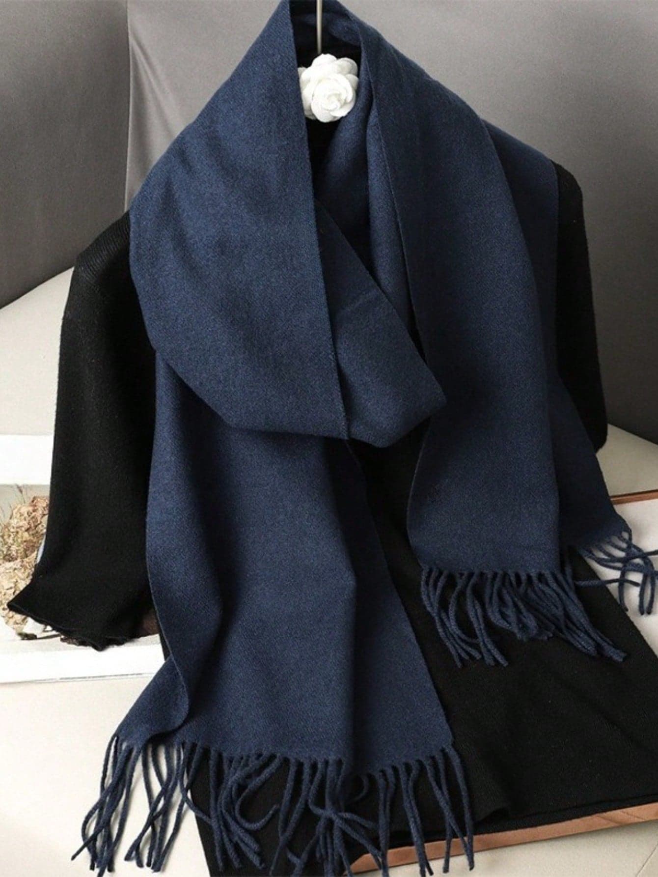 1pc Classic Herringbone Pattern Fringed Solid Color Scarf, Unisex, Fashion & Casual, Comfortable For Daily Wear, Autumn/Winter