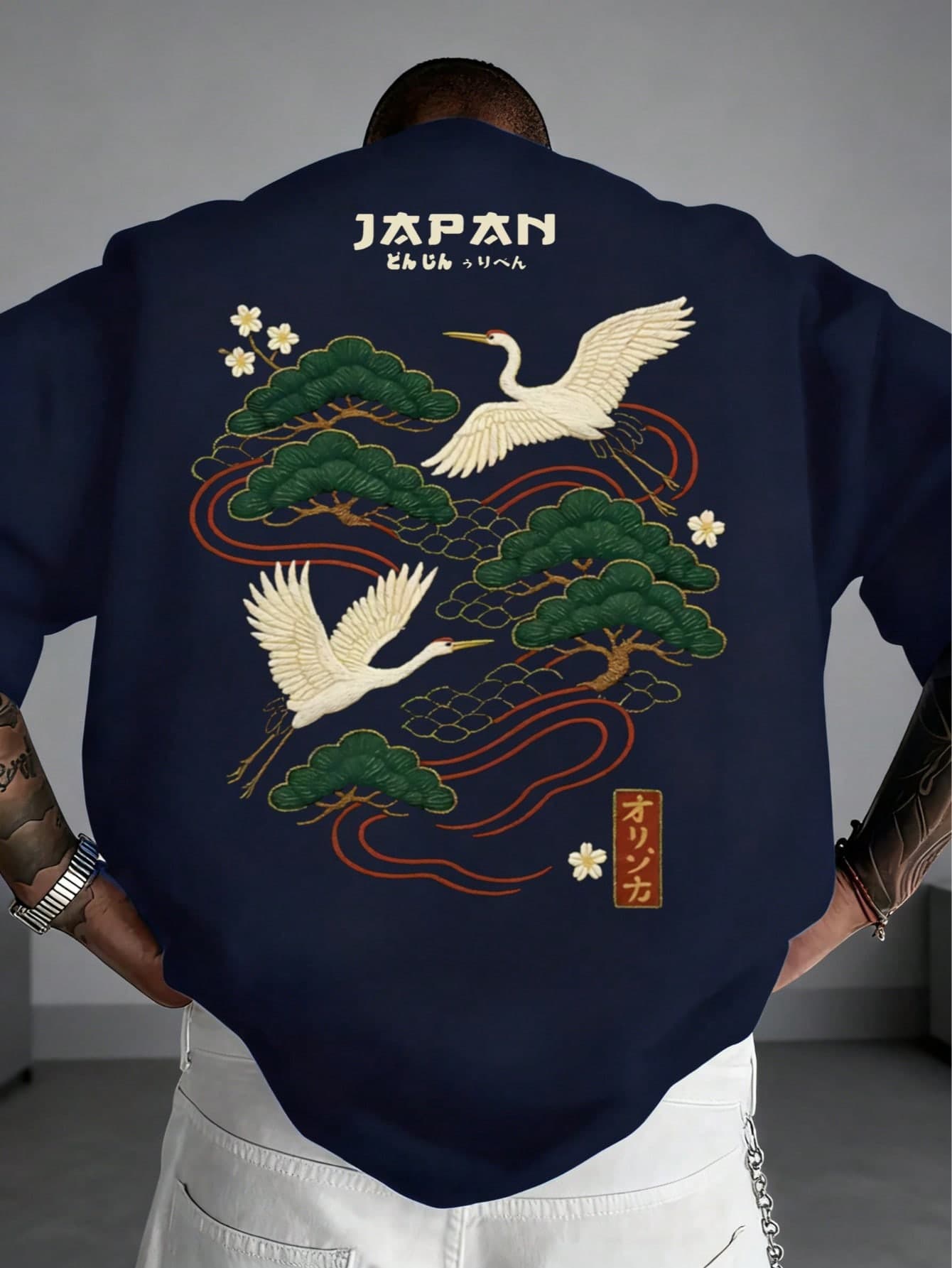 Zrgoth Men's Casual Versatile Minimalist Japanese Crane Print Short Sleeve T-Shirt