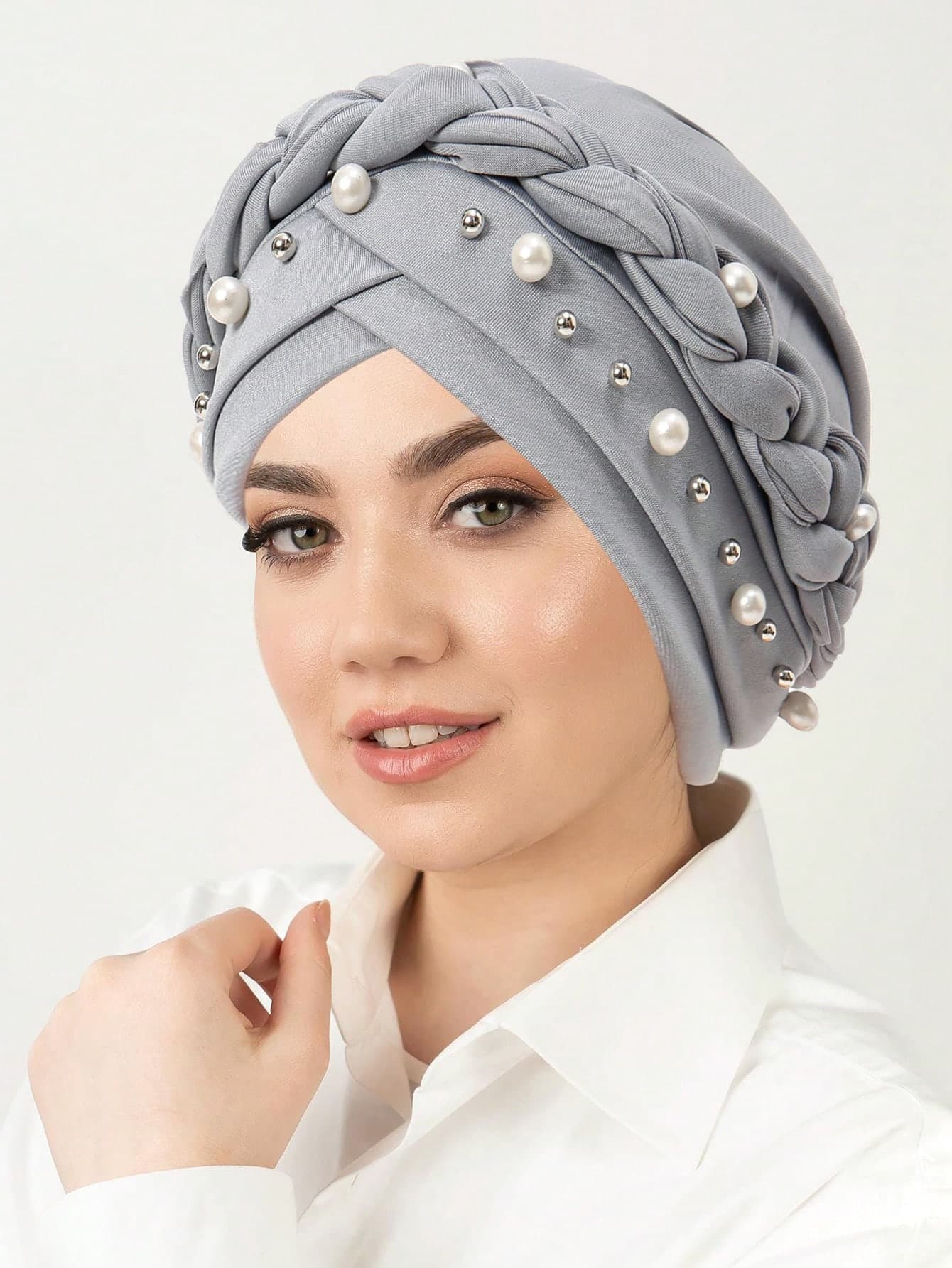 1pc Solid Color Versatile Headscarf Cap, Milk Silk Single Braid Cap With White Pearl, Women Turban Hat Hair Sleep Cap Sleep Bonnet