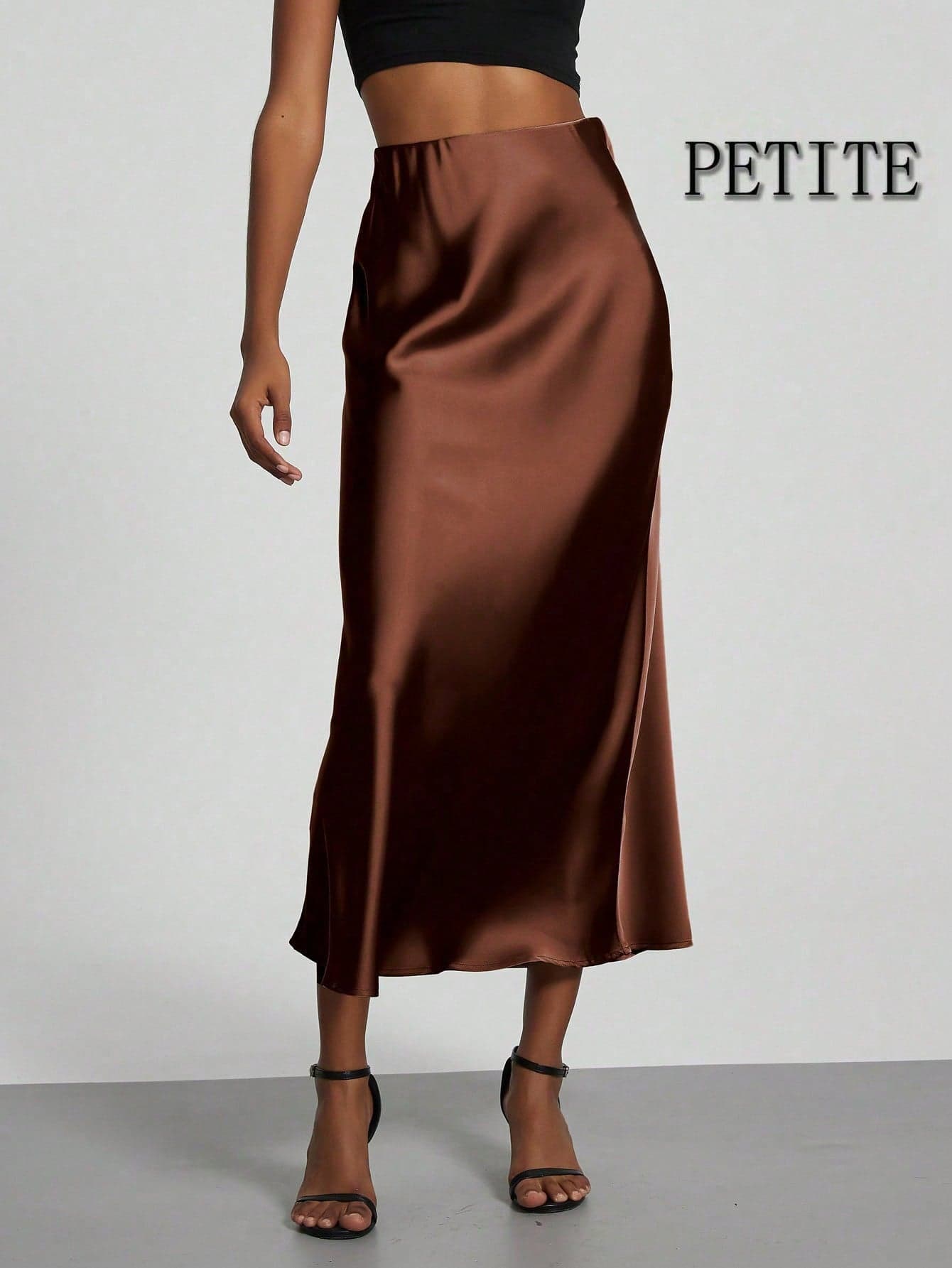 Se-Helo Women's Fashion Commuter Versatile Petite Version Elastic Satin Texture Seasonal Wear Satin Skirt Midi Skirt - Chestnut Brown
