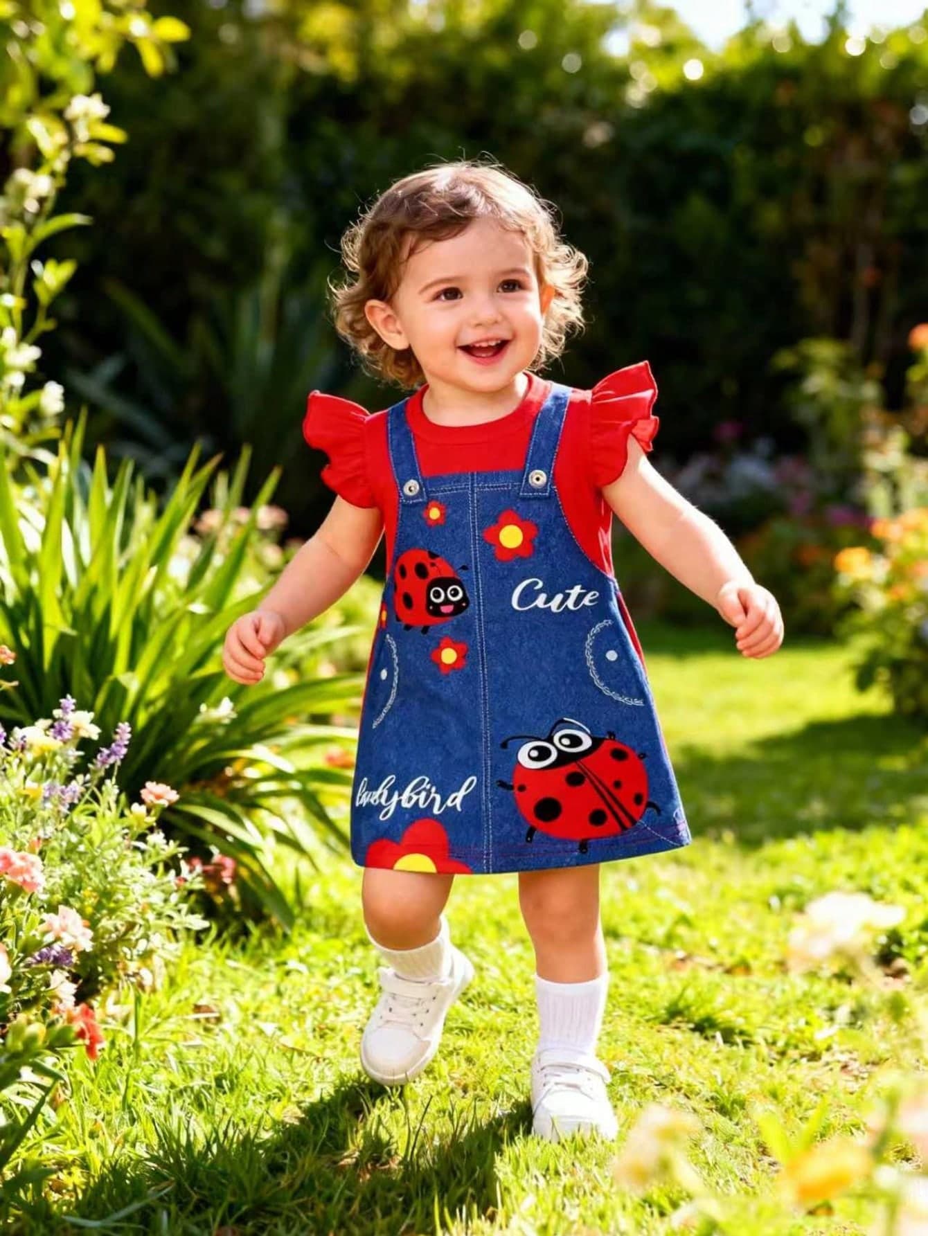 1pc Cute Bee & Floral Print Round Neck 2 In 1 Suspender Dress, Summer
