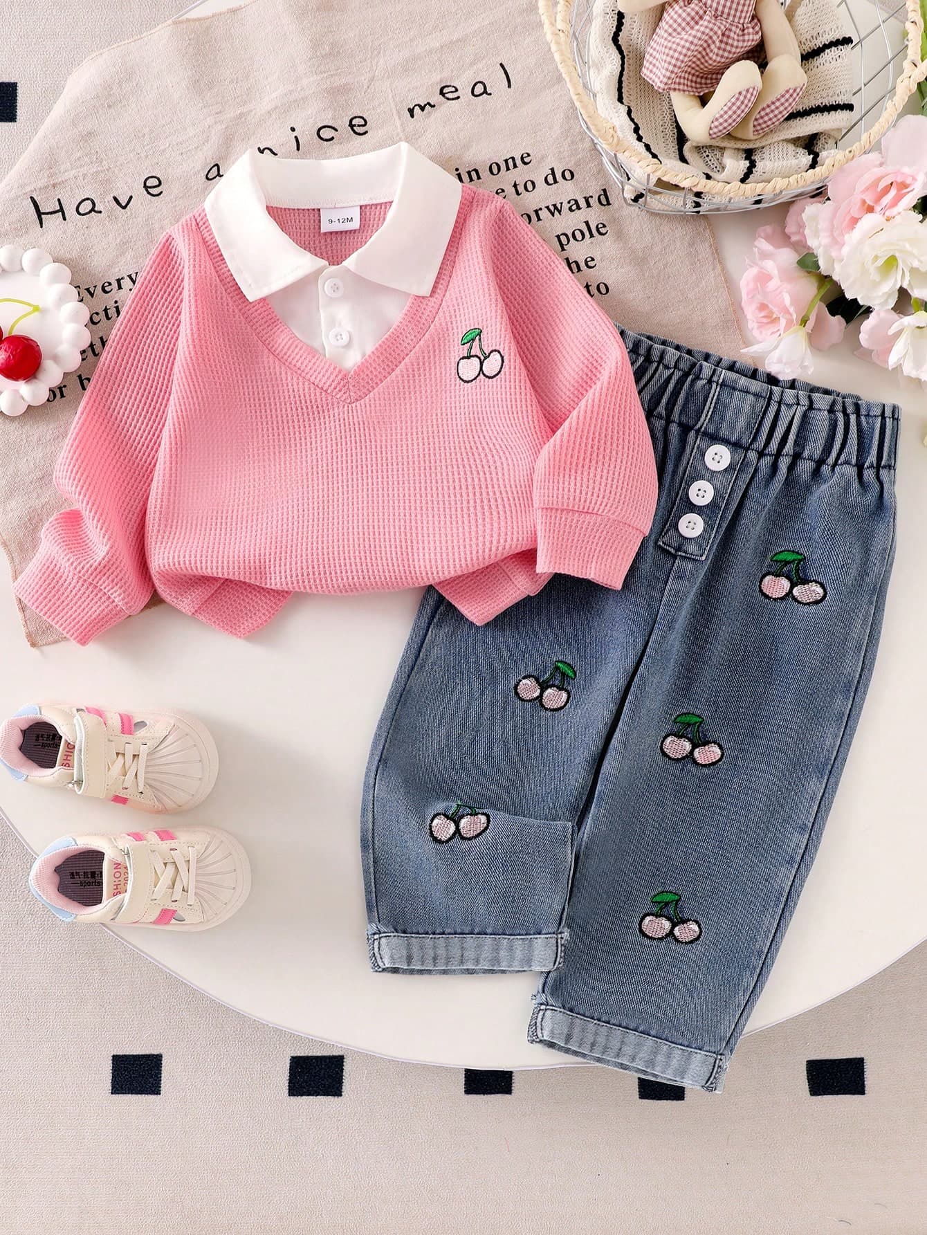 2pcs Baby Girl Fashion Set: Shirt Collar Splice Contrast Color Cherry Embroidery Long Sleeve Top And Mid-Waist Button Decor Multiple Cherry Embroidery Turnup Hem Design Denim Pants Suit