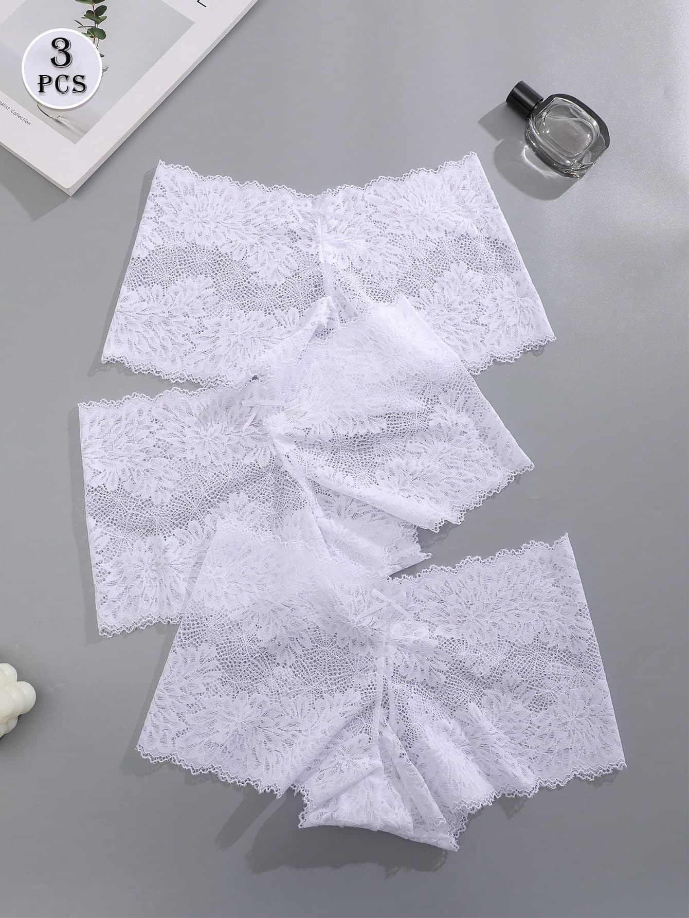 3pcs/Set Solid Color Bow Floral Lace Panties, Sexy & Romantic Women's Underwear