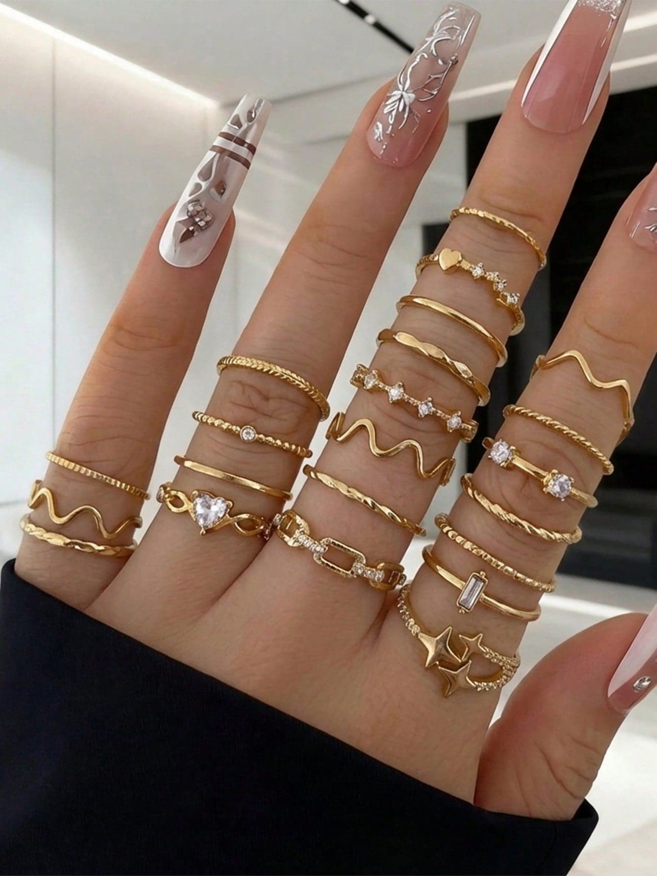 22pcs Fashion Minimalist Rhinestone Heart Wave Star Asymmetrical Geometric Joint Ring Set, Size Marked