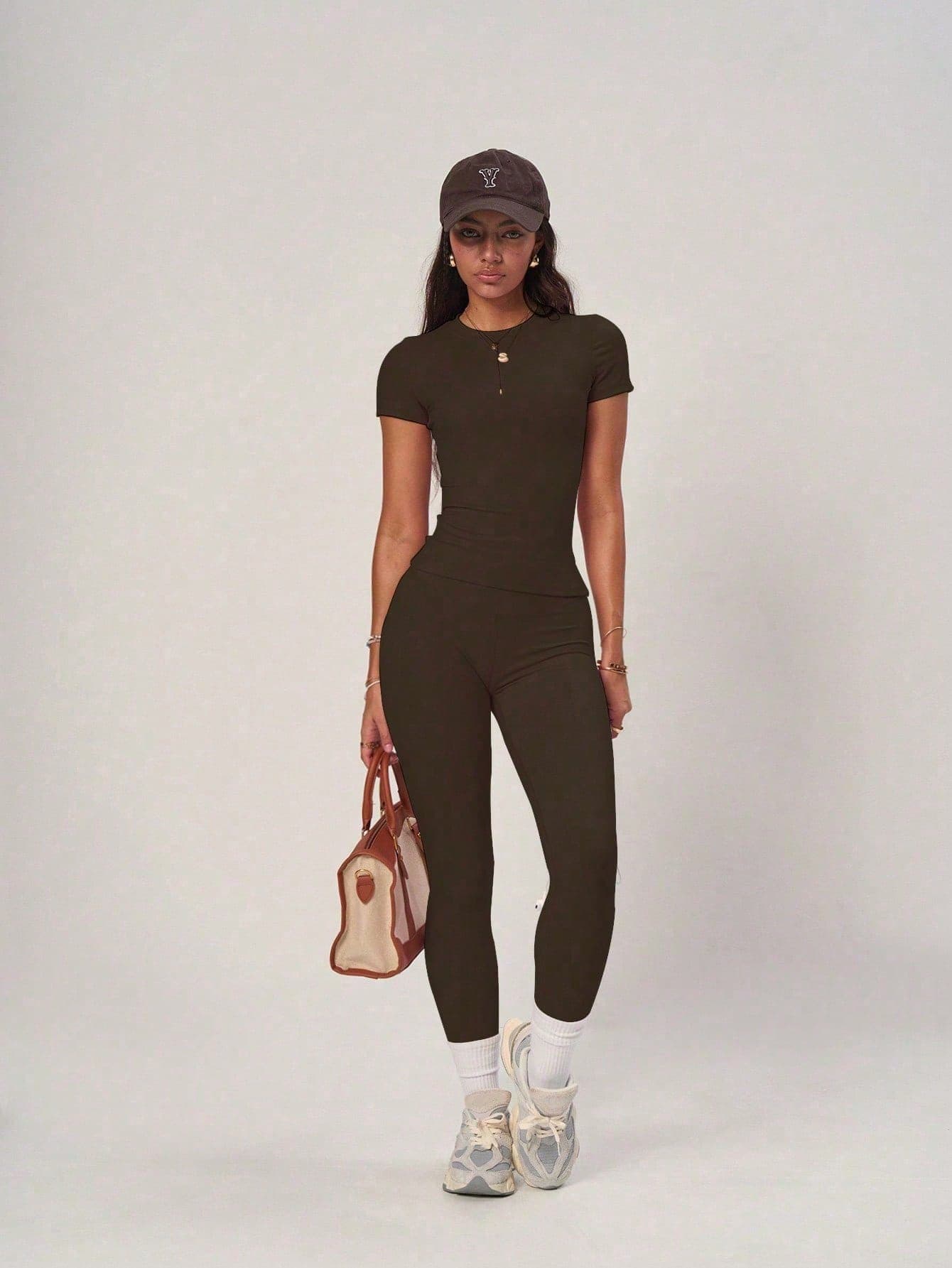 PinkTip Pink Tip Coffee Color Basic Top And Pants Set, High Waist Loose Fit, Essential For Summer Casual And Fitness Sports