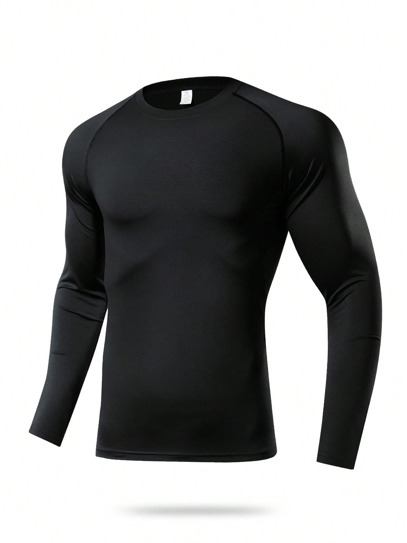 1pc Men's Compression Long Sleeve Breathable Quick-Dry Fitness Top, Tight Core Workout Base Layer, Moisture-Wicking Black Spring Sports