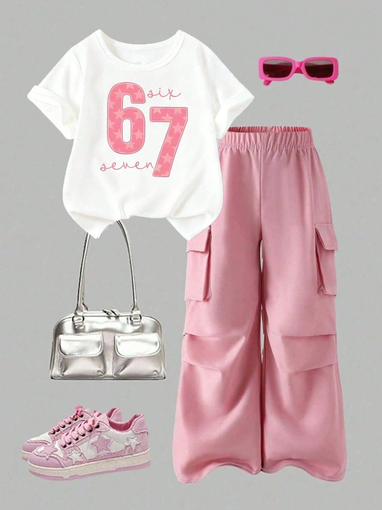 Toddler Girls' Cartoon Print Round Neck Short Sleeve Top And Cargo Pants Set