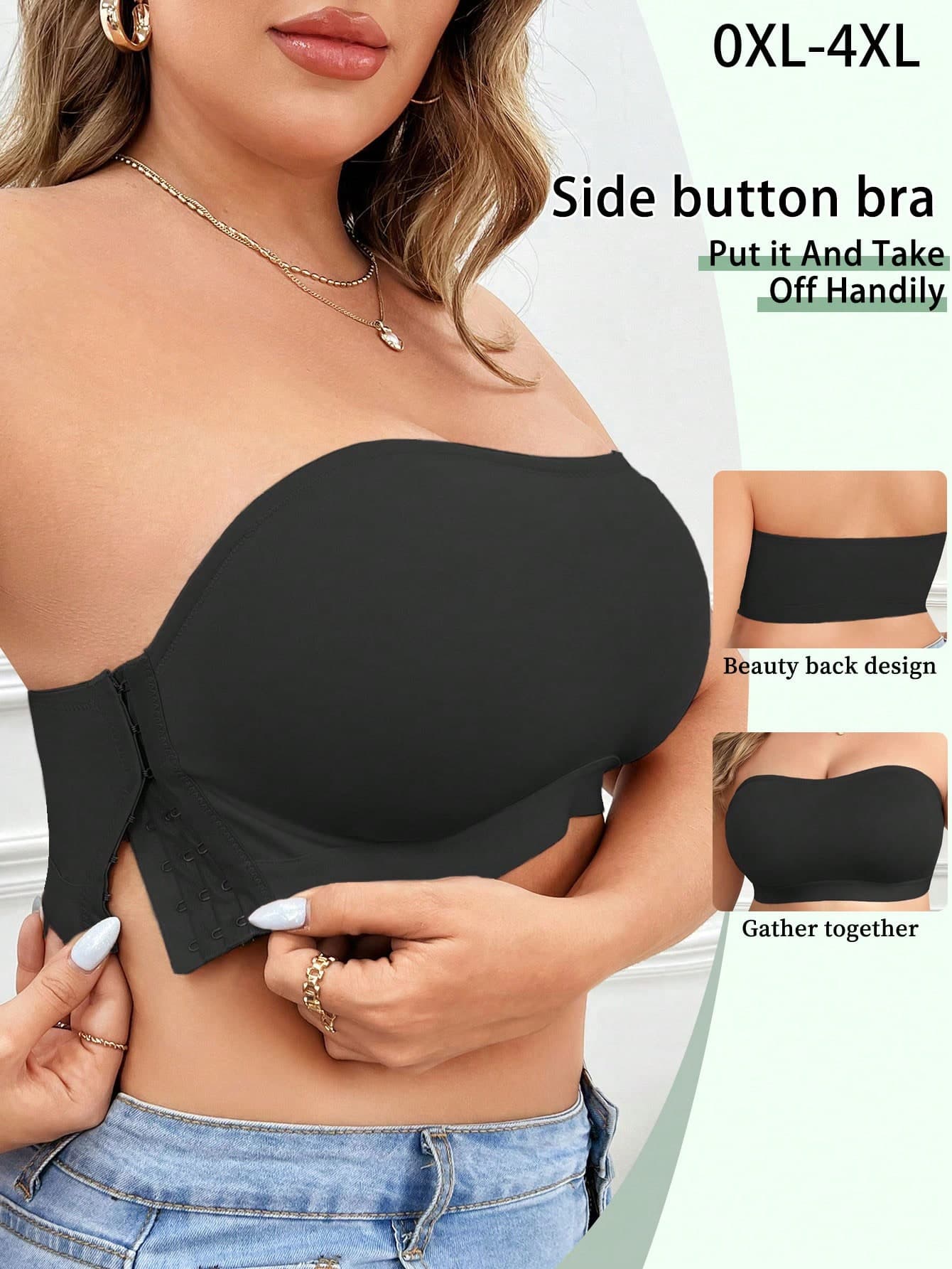 Plus Size Women Side Button Bra, Soft & Comfortable Wireless Bandeau Bra