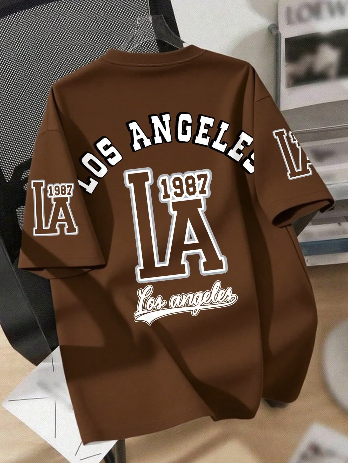 Teenage Boys' Retro LA Academy Design Short Sleeve Loose Comfortable Breathable T-Shirt, Casual Campus Summer Wear, Boys Tops