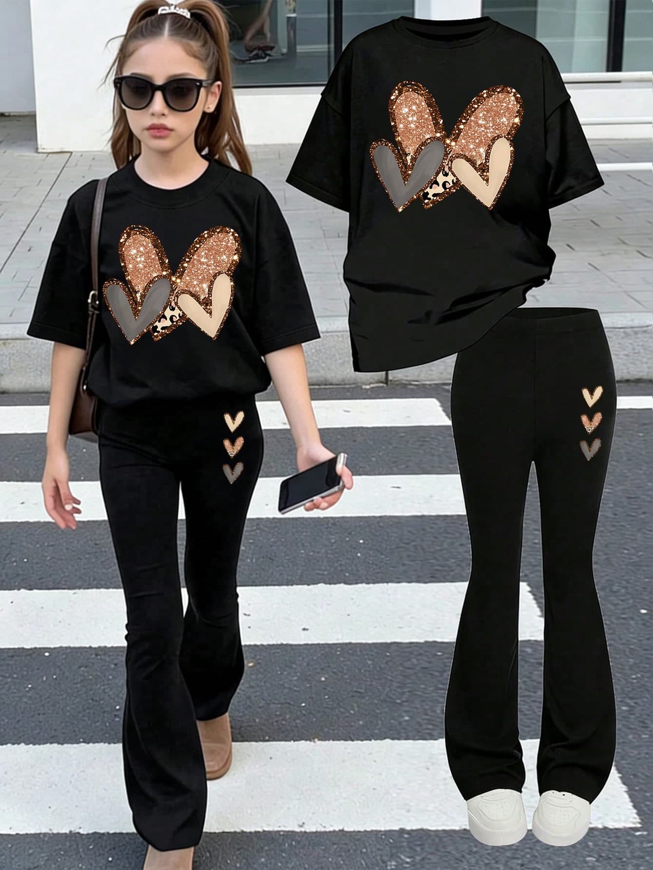2pcs/Set Cute Girl Heart Pattern T-Shirt + Flare Pants, Soft Comfortable Fabric, Casual Outdoor 2-Piece Suit For Teens