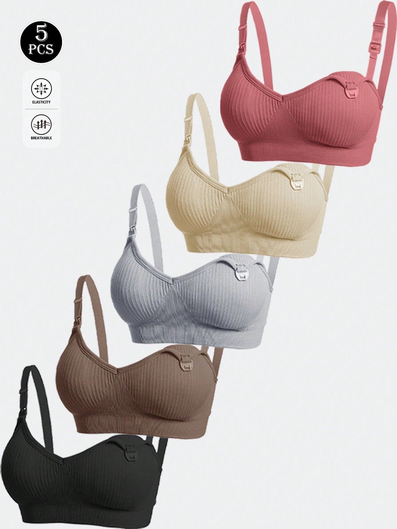5pcs Maternity & Nursing Bras, Removable Pads, Front Closure Double Hook Design, Suitable For Pregnancy, Postpartum, All Seasons