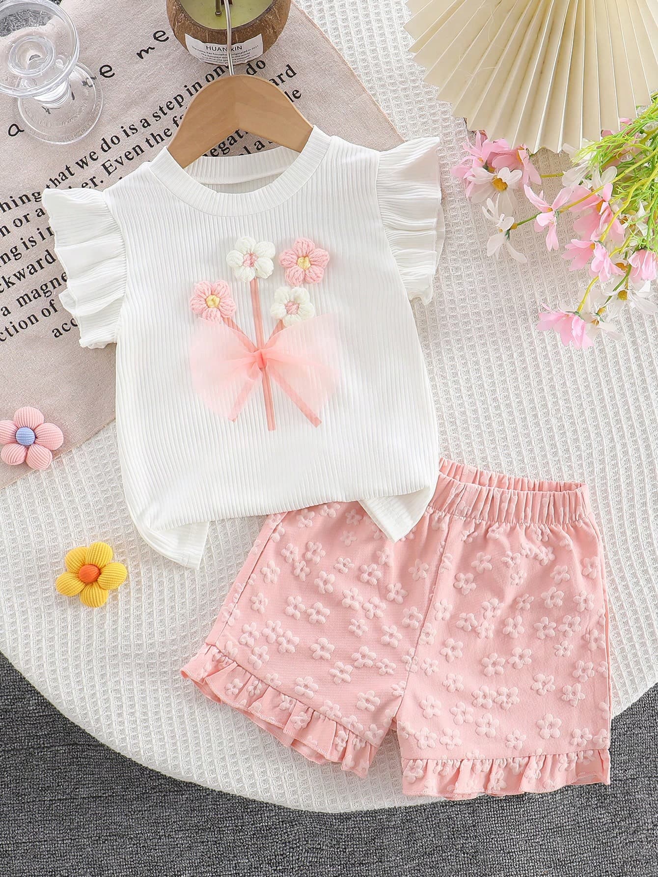 2-5Y Toddler Girls Cute 3D Floral Decor Round Neck Short Sleeve Casual Tank Top And Yellow Ruffle Hem Shorts 2pcs Set, Summer